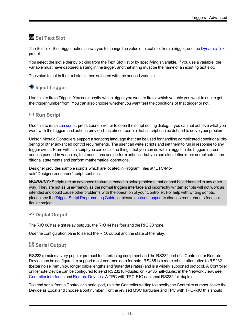 Set text slot, Inject trigger, Run script | Digital output, Serial output | ETC Unison Mosaic Designer v1.11.0 User Manual | Page 111 / 252