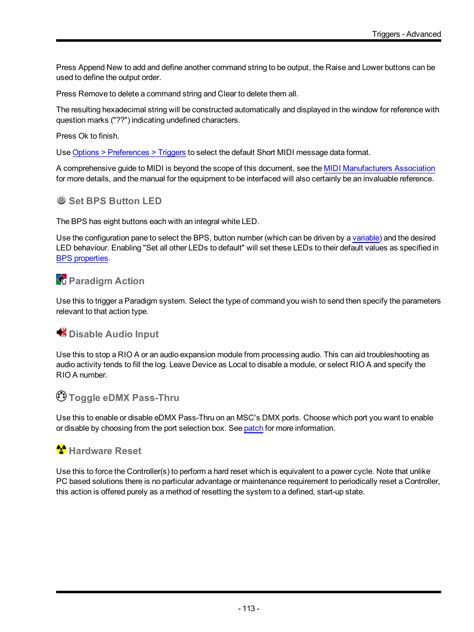 Set bps button led, Paradigm action, Disable audio input | Toggle edmx pass-thru, Hardware reset | ETC Unison Mosaic Designer v1.11.0 User Manual | Page 113 / 252