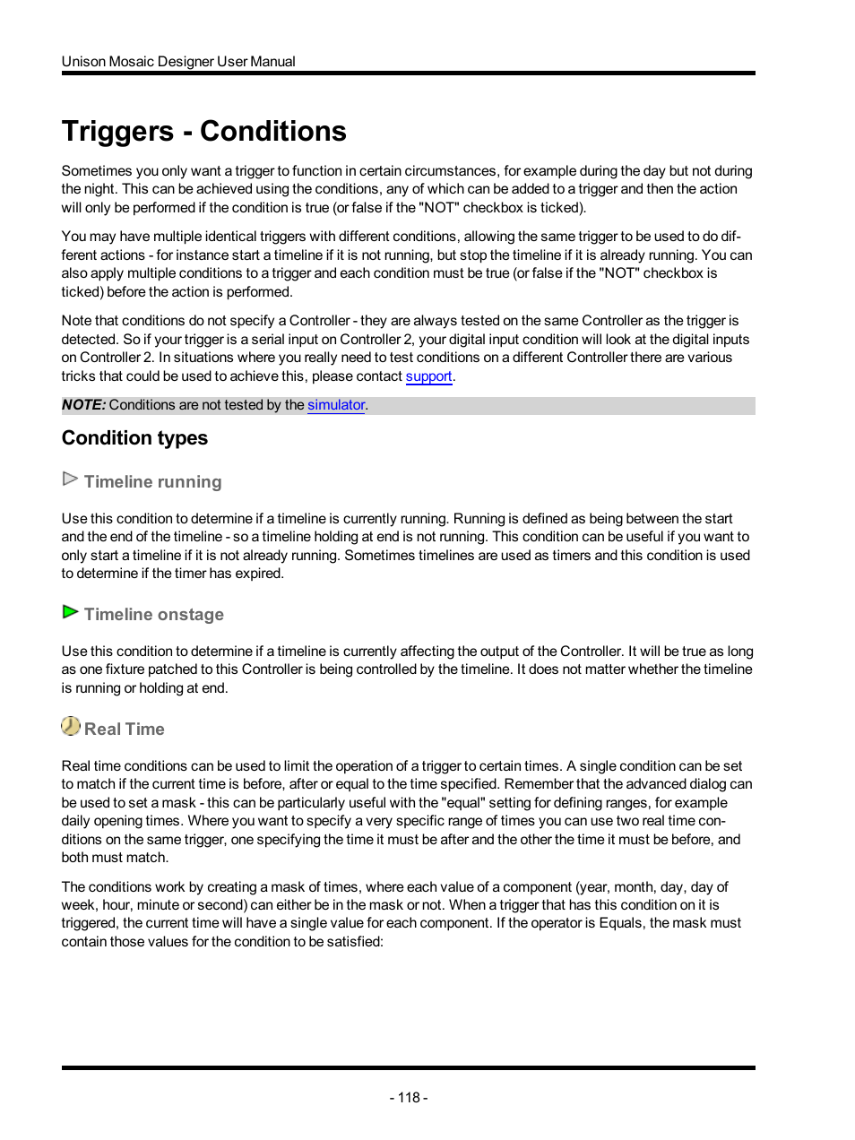 Triggers - conditions, Condition types, Timeline running | Timeline onstage, Real time, It's also worth noting that a, Timeline, On stage, Conditions | ETC Unison Mosaic Designer v1.11.0 User Manual | Page 118 / 252