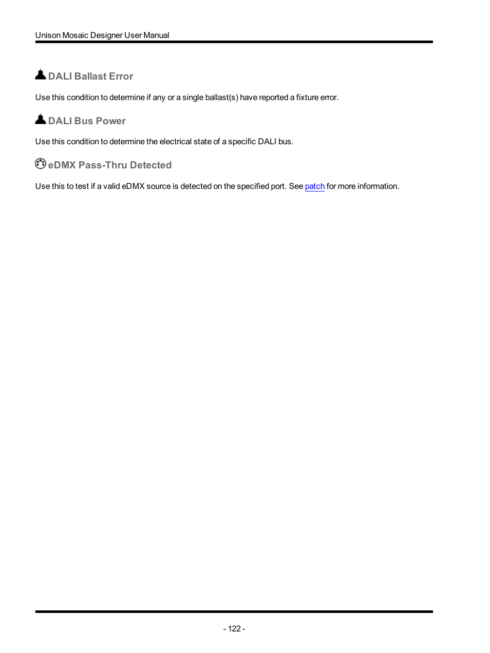 Dali ballast error, Dali bus power, Edmx pass-thru detected | ETC Unison Mosaic Designer v1.11.0 User Manual | Page 122 / 252