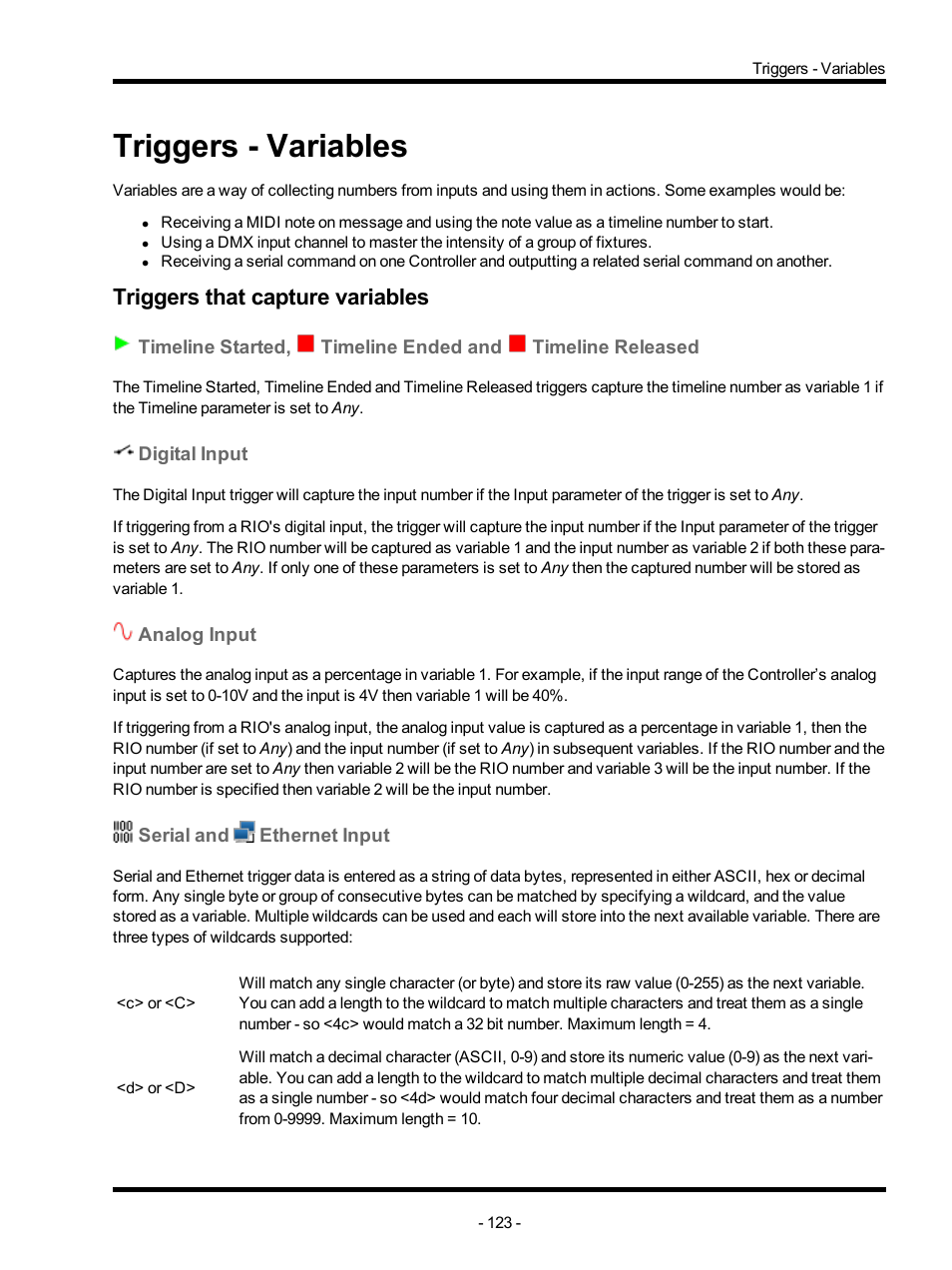 Triggers - variables, Triggers that capture variables, Digital input | Analog input, Serial and ethernet input, Variable, Variables | ETC Unison Mosaic Designer v1.11.0 User Manual | Page 123 / 252
