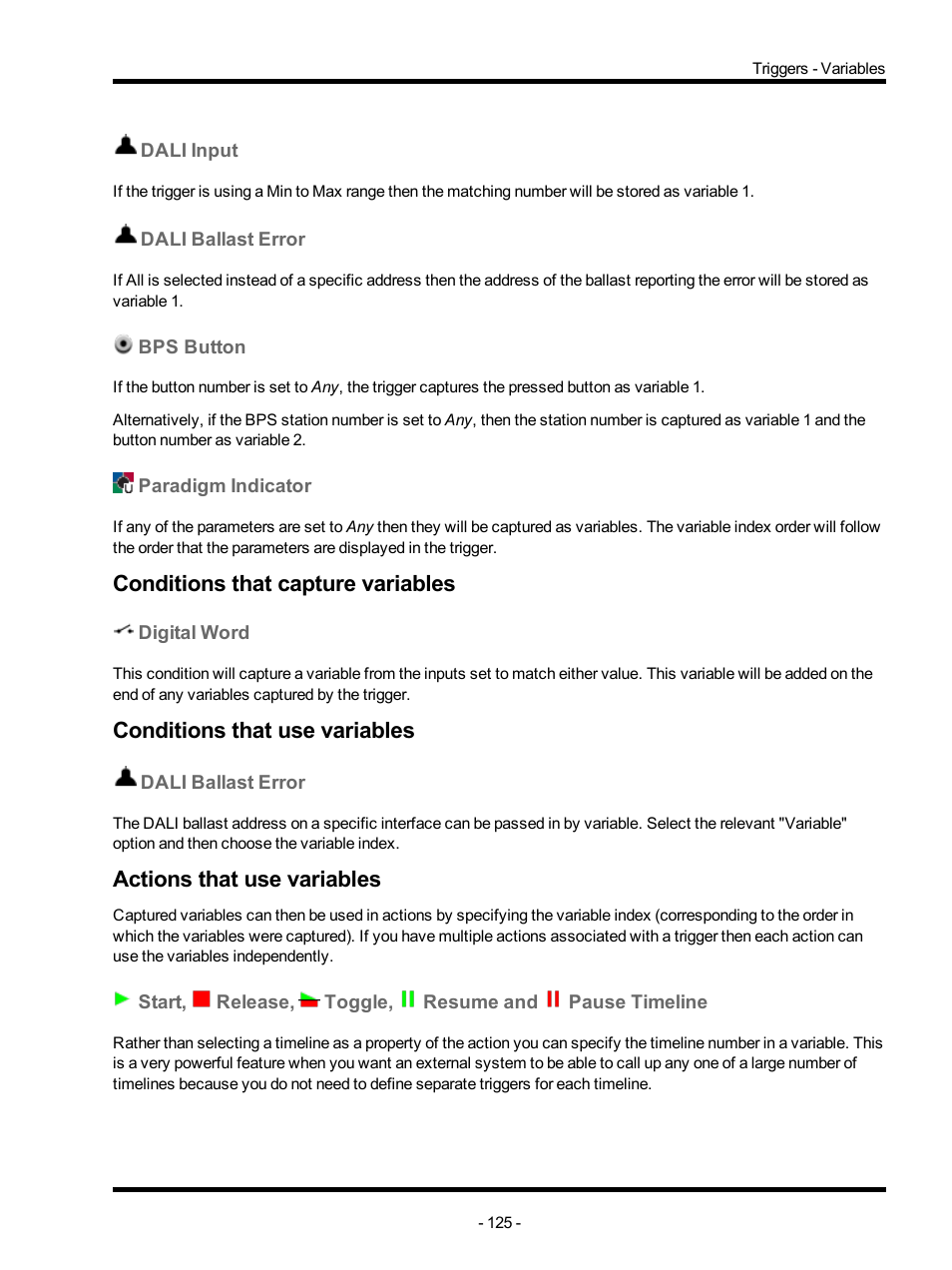 Dali input, Dali ballast error, Bps button | Paradigm indicator, Conditions that capture variables, Digital word, Conditions that use variables, Actions that use variables, Start, release, toggle, resume and pause timeline | ETC Unison Mosaic Designer v1.11.0 User Manual | Page 125 / 252