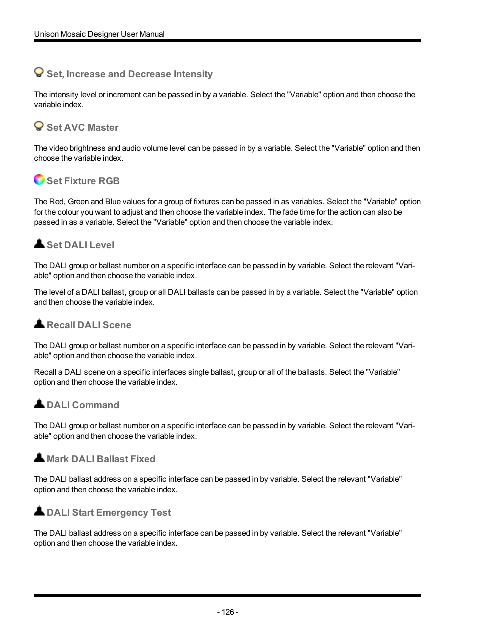 Set, increase and decrease intensity, Set avc master, Set fixture rgb | Set dali level, Recall dali scene, Dali command, Mark dali ballast fixed, Dali start emergency test | ETC Unison Mosaic Designer v1.11.0 User Manual | Page 126 / 252