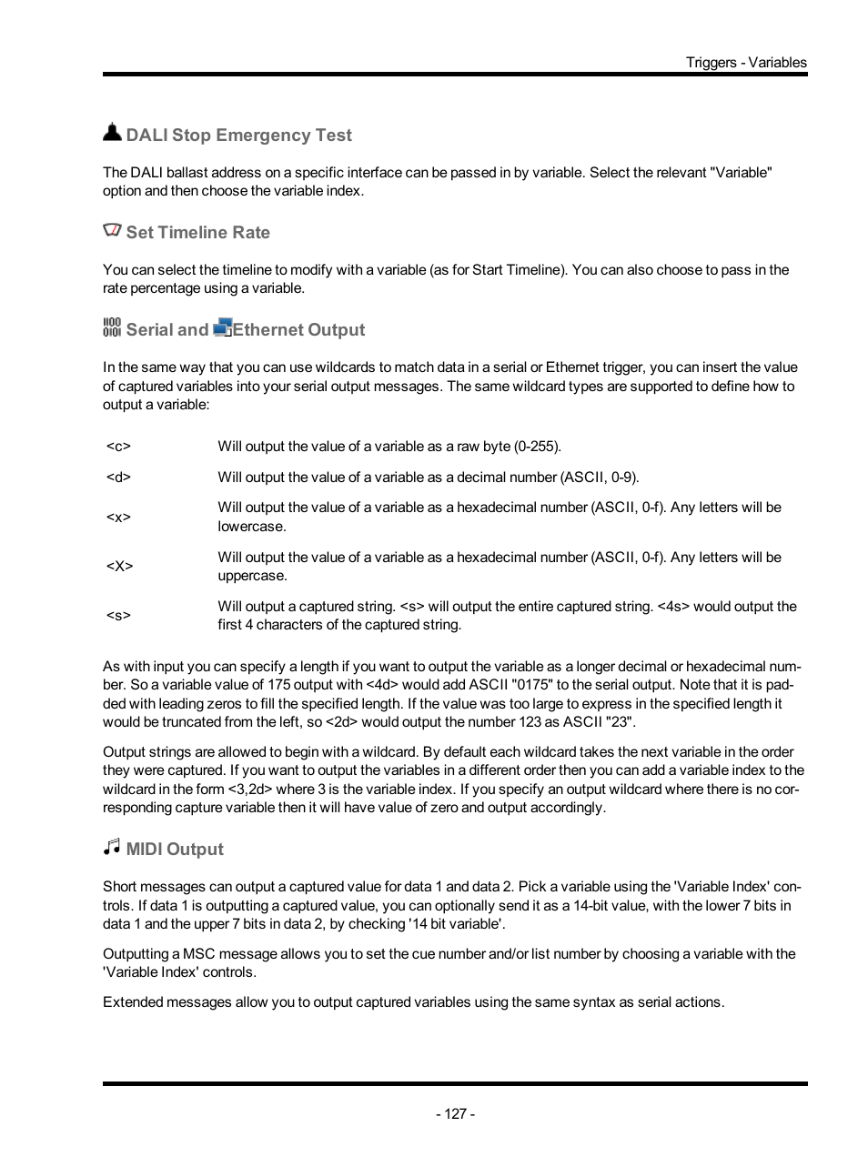 Dali stop emergency test, Set timeline rate, Serial and ethernet output | Midi output, Serial and ethernet output action, Serial, And ethernet output action | ETC Unison Mosaic Designer v1.11.0 User Manual | Page 127 / 252