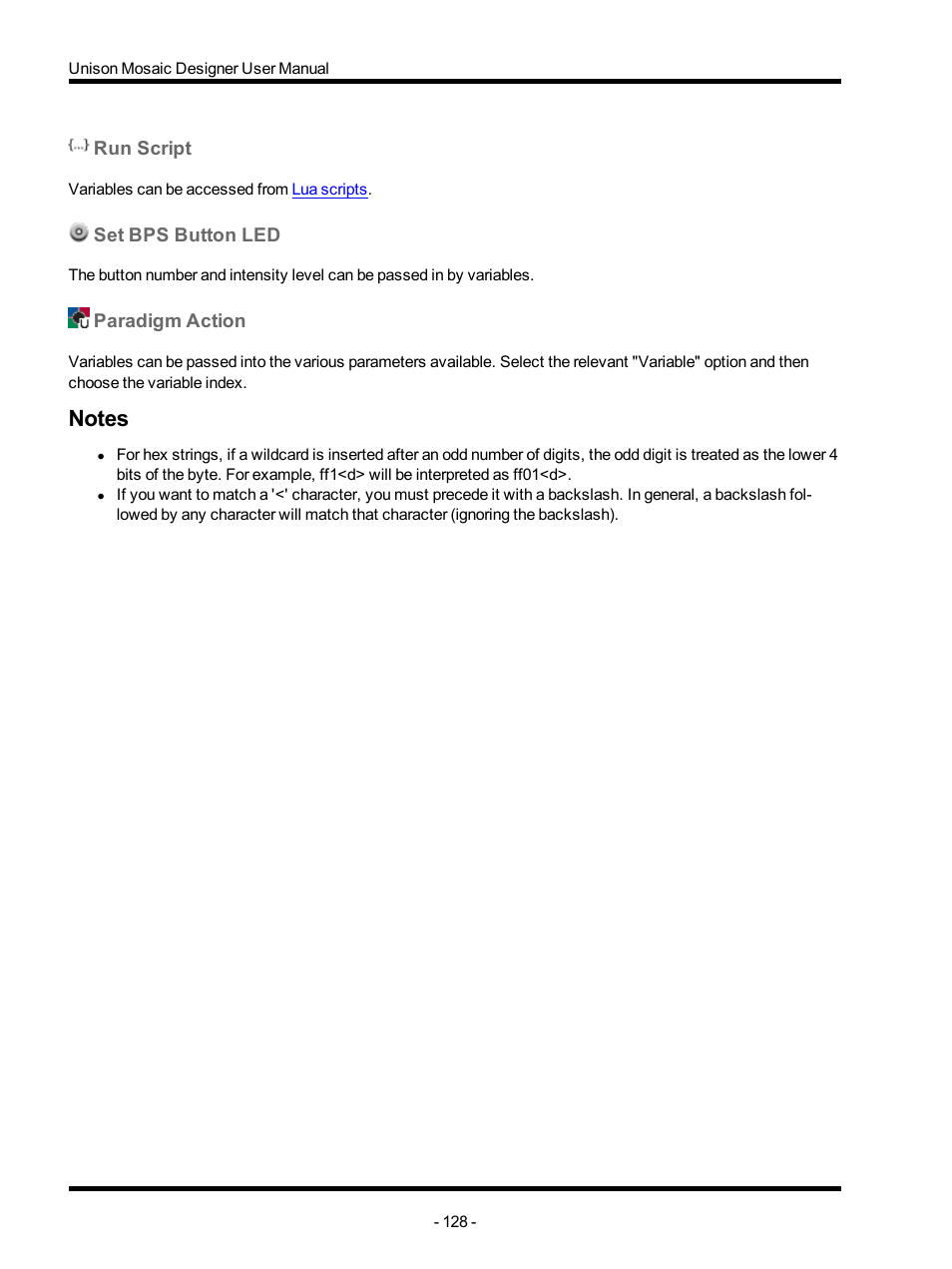 Run script, Set bps button led, Paradigm action | Notes | ETC Unison Mosaic Designer v1.11.0 User Manual | Page 128 / 252