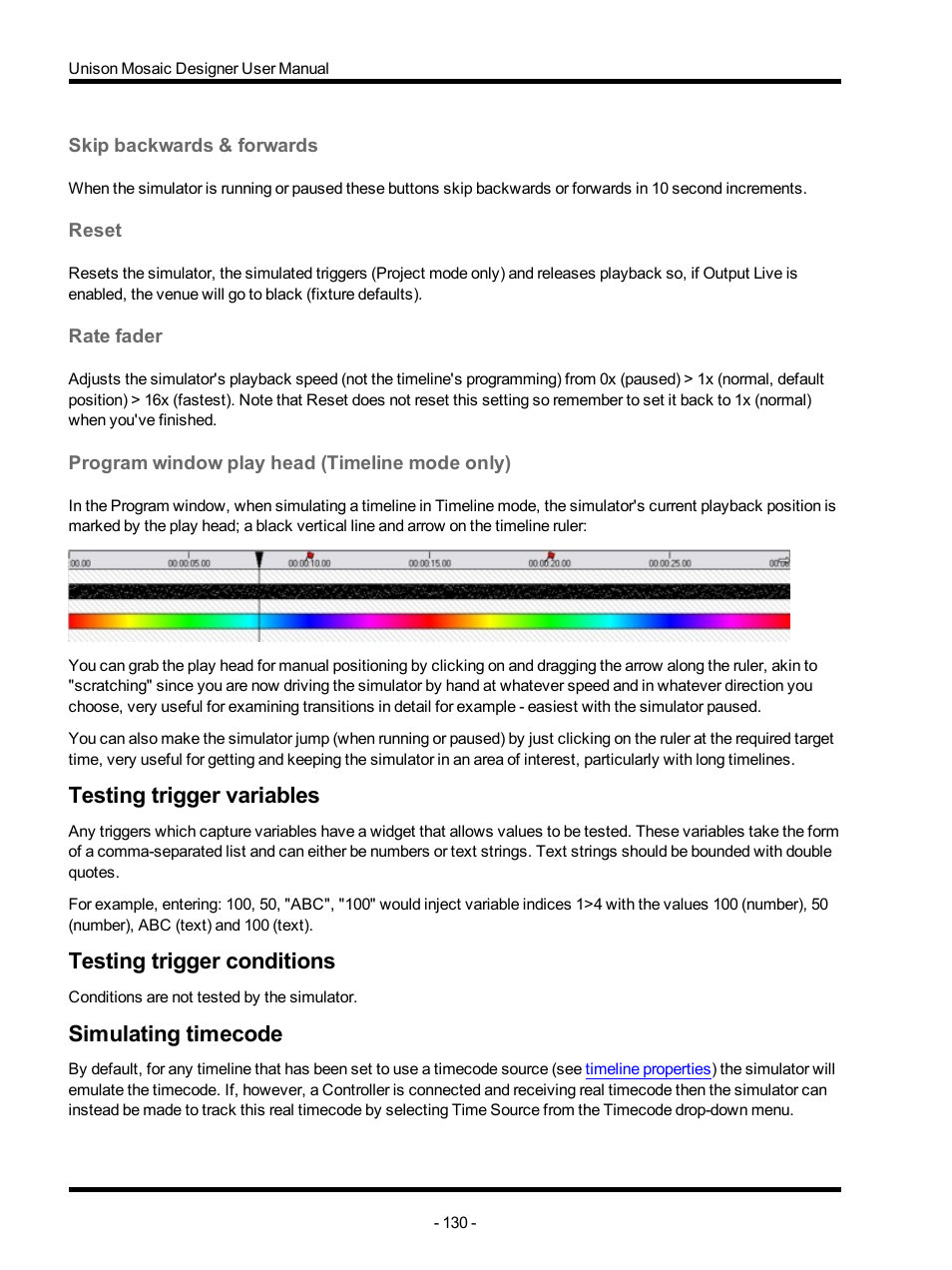 Skip backwards & forwards, Reset, Rate fader | Program window play head (timeline mode only), Testing trigger variables, Testing trigger conditions, Simulating timecode | ETC Unison Mosaic Designer v1.11.0 User Manual | Page 130 / 252
