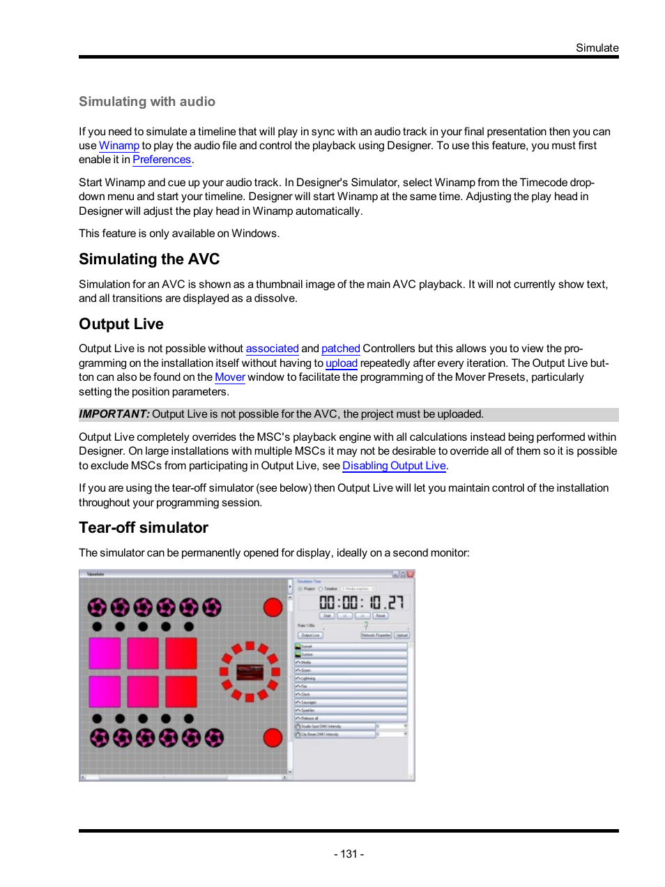Simulating with audio, Simulating the avc, Output live | Tear-off simulator | ETC Unison Mosaic Designer v1.11.0 User Manual | Page 131 / 252