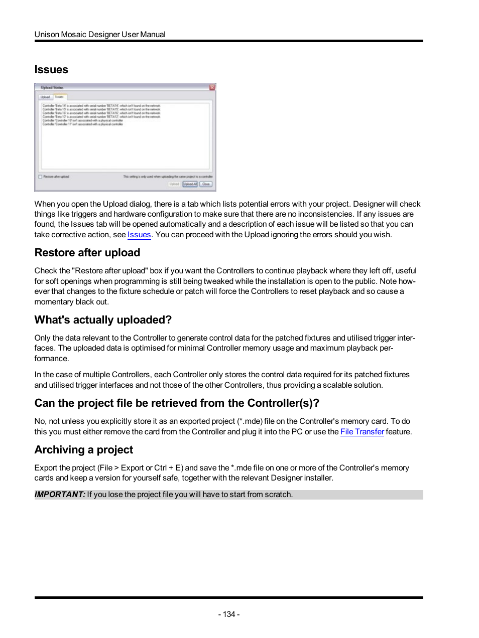 Issues, Restore after upload, What's actually uploaded | Archiving a project | ETC Unison Mosaic Designer v1.11.0 User Manual | Page 134 / 252