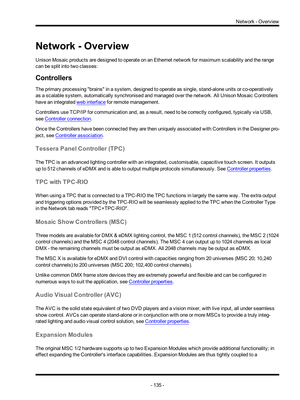 Network - overview, Controllers, Tessera panel controller (tpc) | Tpc with tpc-rio, Mosaic show controllers (msc), Audio visual controller (avc), Expansion modules, Network | ETC Unison Mosaic Designer v1.11.0 User Manual | Page 135 / 252