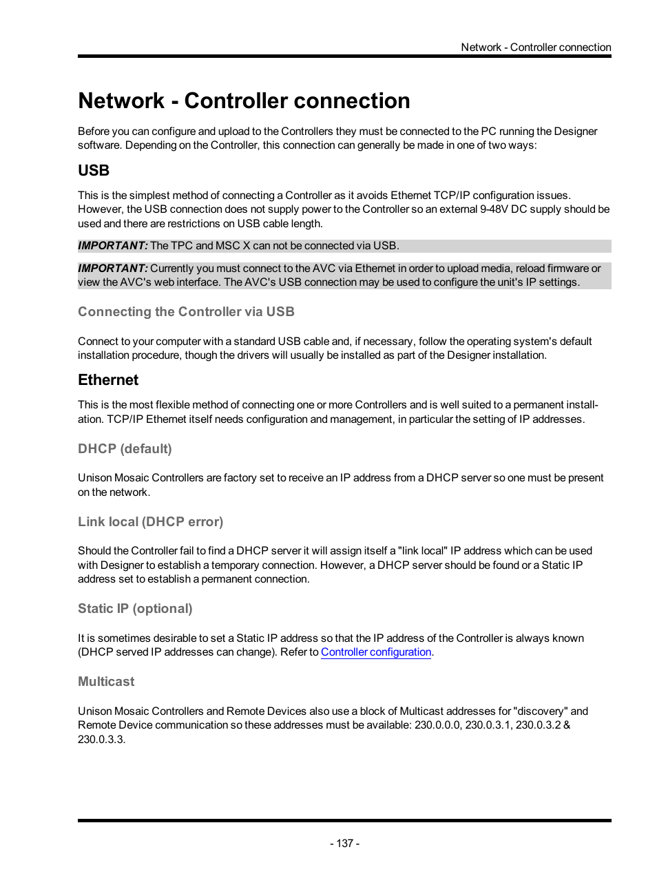 Network - controller connection, Connecting the controller via usb, Ethernet | Dhcp (default), Link local (dhcp error), Static ip (optional), Multicast, Network, Controller connection | ETC Unison Mosaic Designer v1.11.0 User Manual | Page 137 / 252