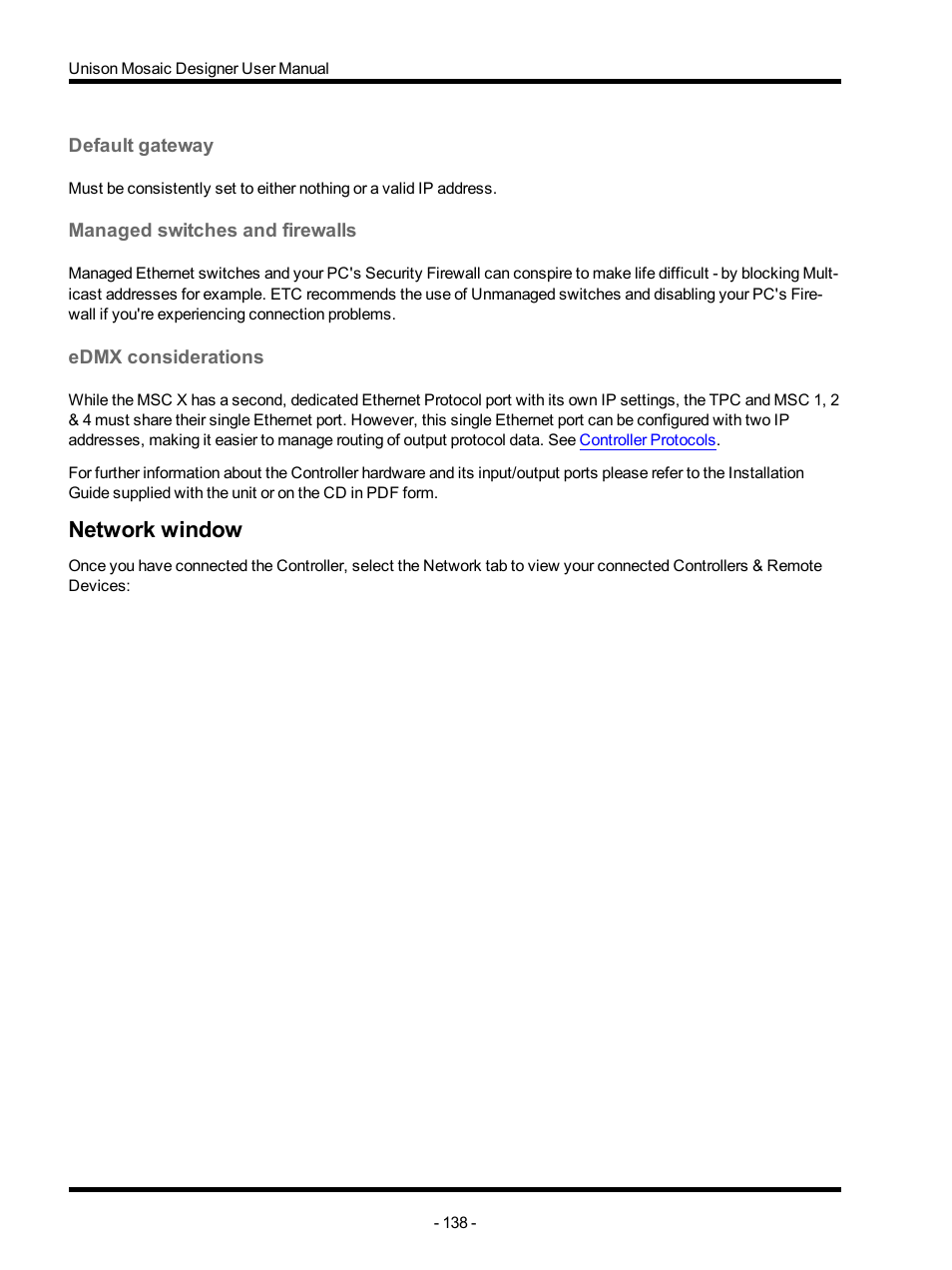 Default gateway, Managed switches and firewalls, Edmx considerations | Network window | ETC Unison Mosaic Designer v1.11.0 User Manual | Page 138 / 252