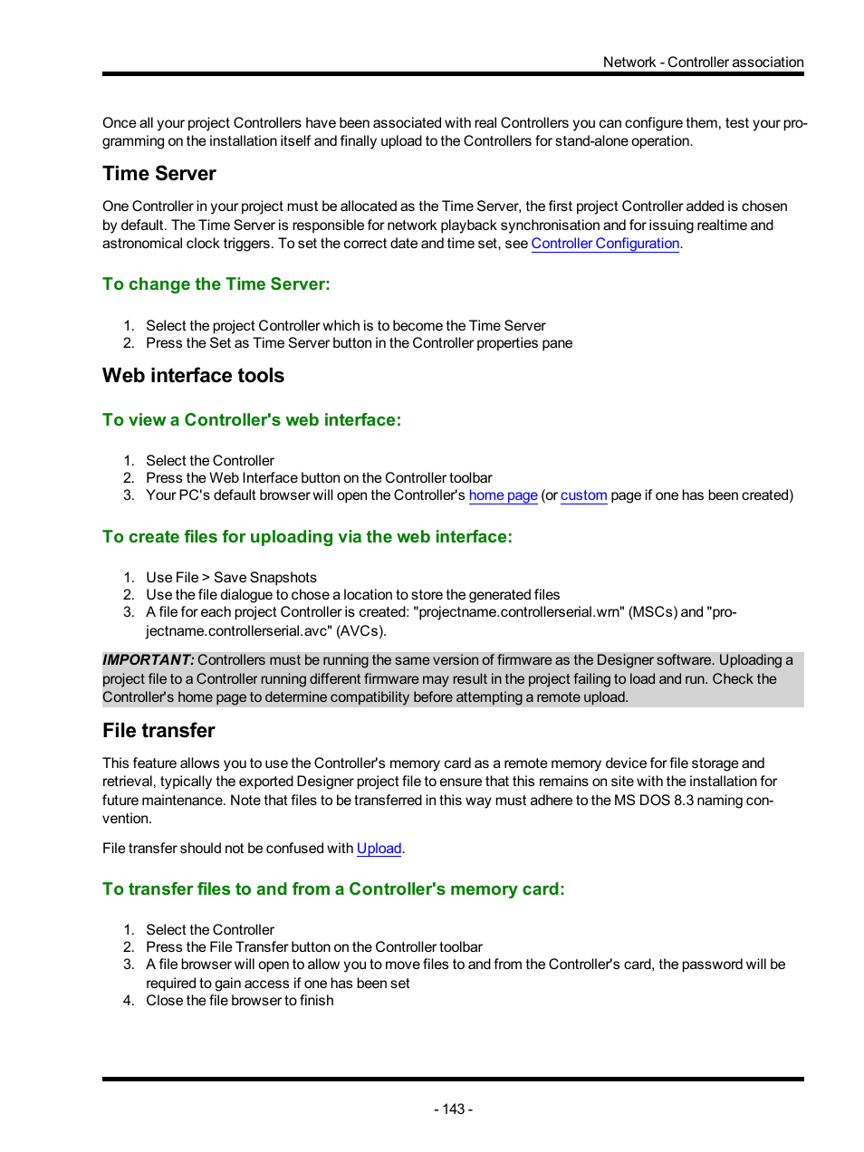 Time server, To change the time server, Web interface tools | To view a controller's web interface, File transfer | ETC Unison Mosaic Designer v1.11.0 User Manual | Page 143 / 252