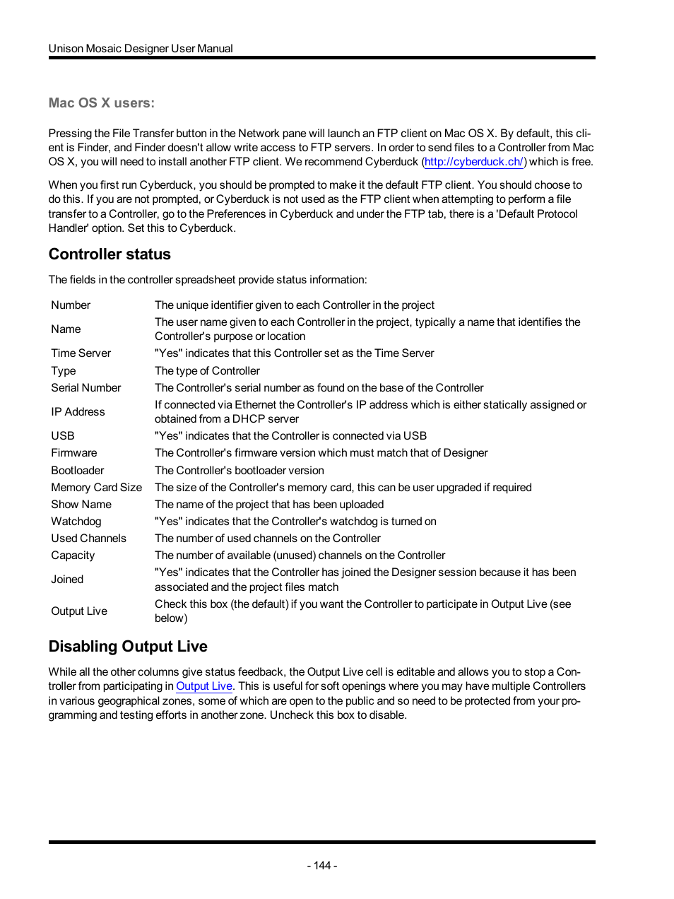 Mac os x users, Controller status, Disabling output live | ETC Unison Mosaic Designer v1.11.0 User Manual | Page 144 / 252