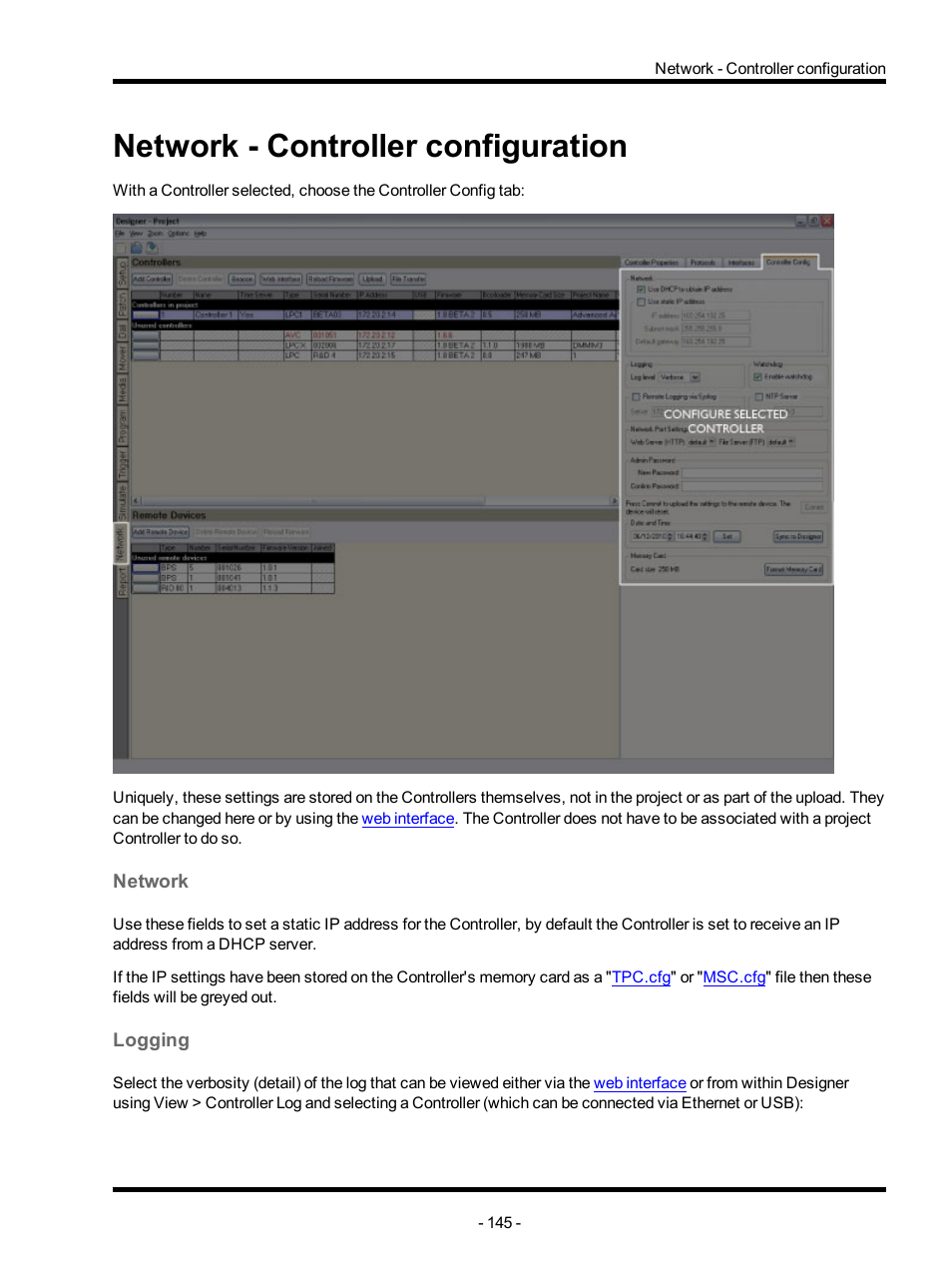 Network - controller configuration, Network, Logging | Controller configuration | ETC Unison Mosaic Designer v1.11.0 User Manual | Page 145 / 252