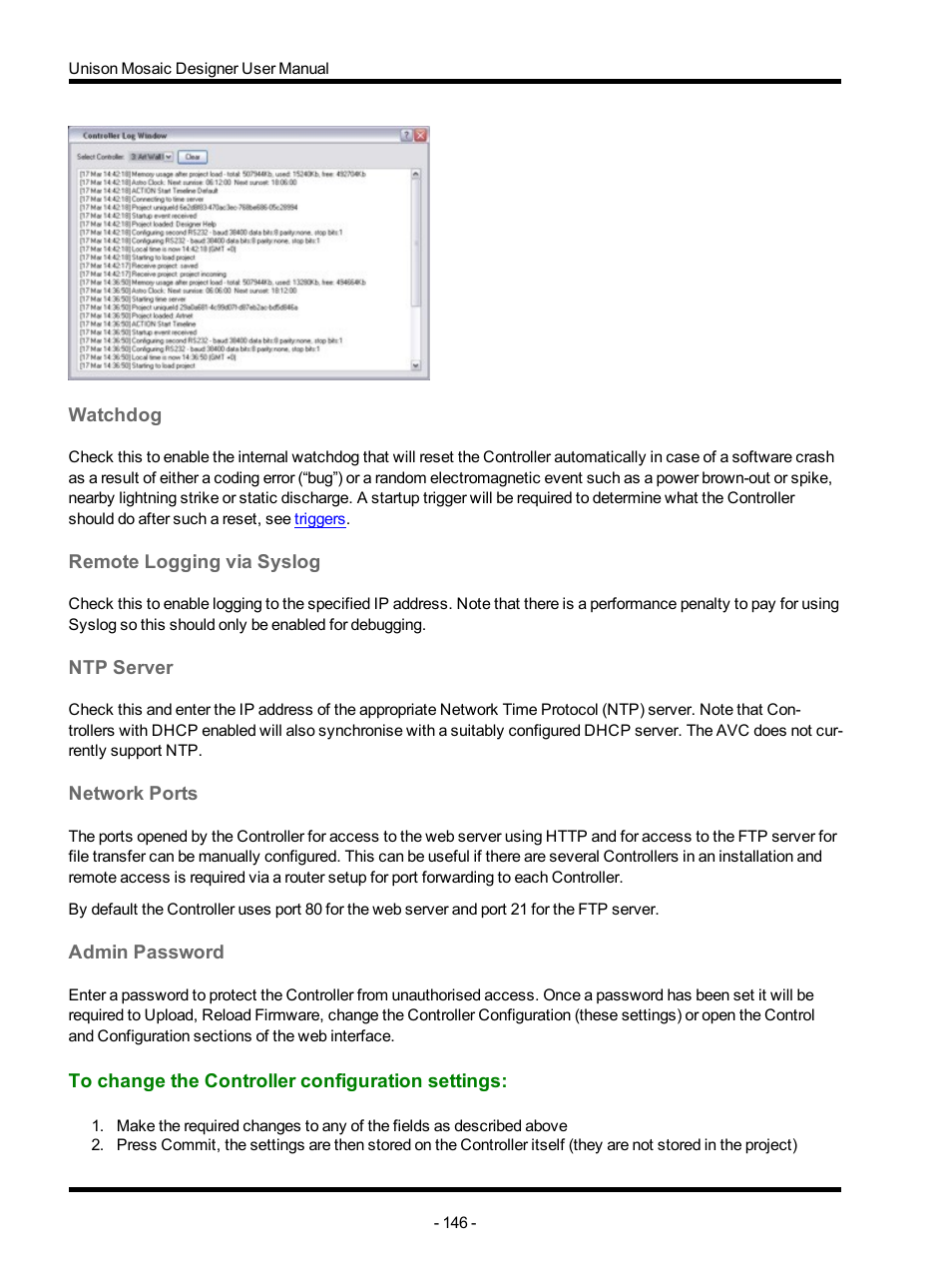 Watchdog, Remote logging via syslog, Ntp server | Network ports, Admin password, To change the controller configuration settings | ETC Unison Mosaic Designer v1.11.0 User Manual | Page 146 / 252