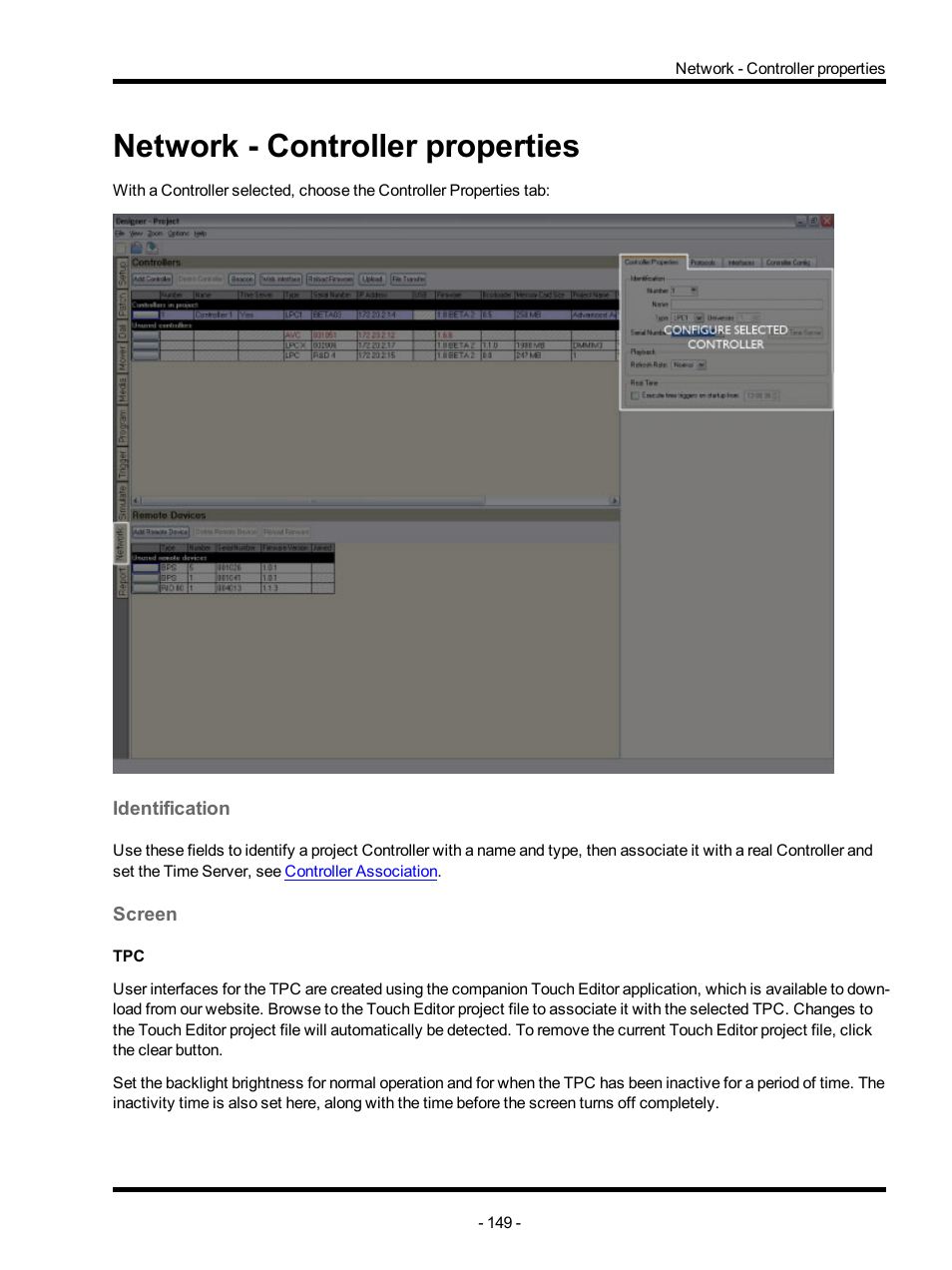 Network - controller properties, Identification, Screen | Controller properties, Troller properties | ETC Unison Mosaic Designer v1.11.0 User Manual | Page 149 / 252