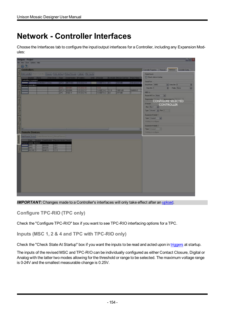Network - controller interfaces, Configure tpc-rio (tpc only), Inputs (msc 1, 2 & 4 and tpc with tpc-rio only) | Interfaces, Controller interfaces, Controller inter, Faces | ETC Unison Mosaic Designer v1.11.0 User Manual | Page 154 / 252