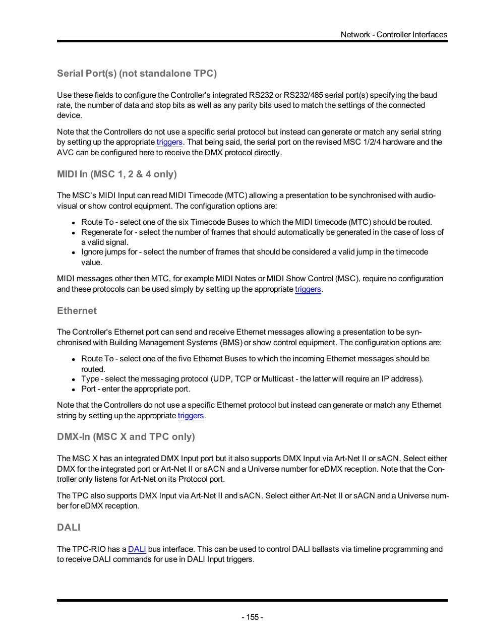 Serial port(s) (not standalone tpc), Midi in (msc 1, 2 & 4 only), Ethernet | Dmx-in (msc x and tpc only), Dali | ETC Unison Mosaic Designer v1.11.0 User Manual | Page 155 / 252