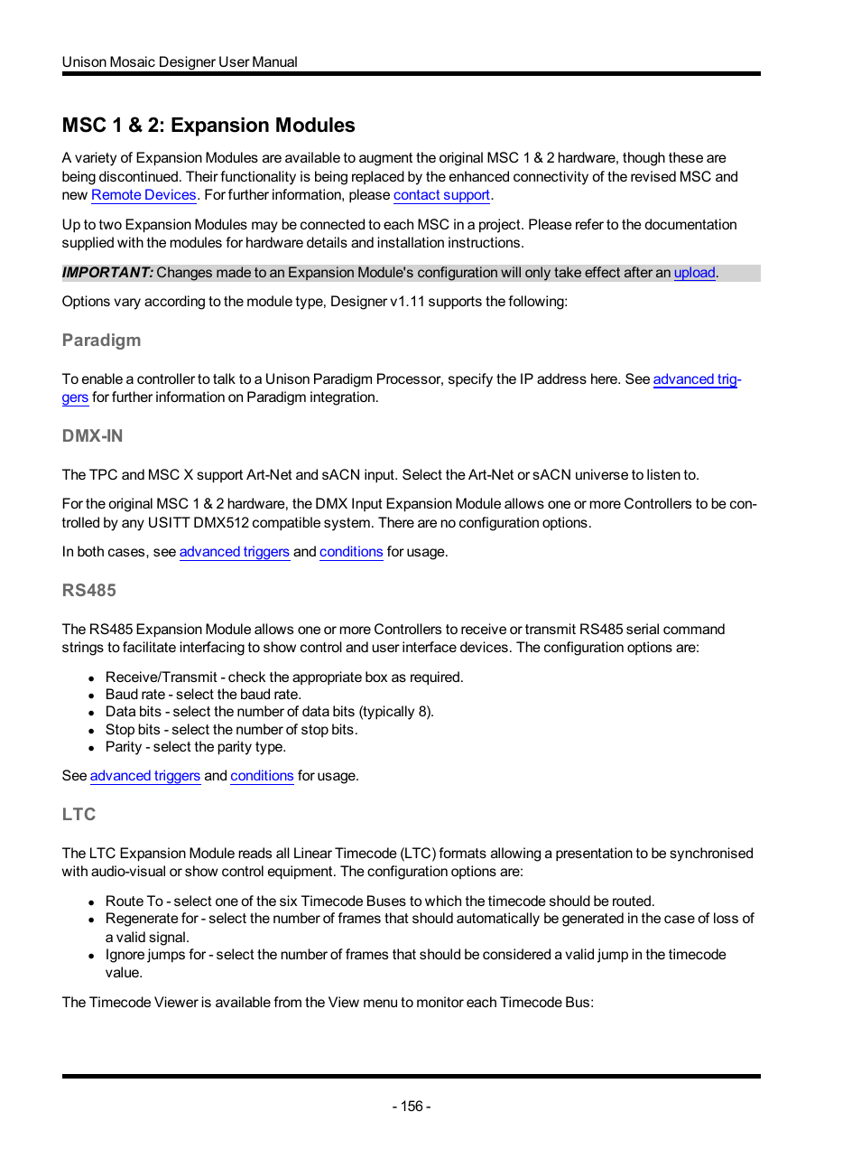 Msc 1 & 2: expansion modules, Paradigm, Dmx-in | Rs485, Network, Expansion modules | ETC Unison Mosaic Designer v1.11.0 User Manual | Page 156 / 252