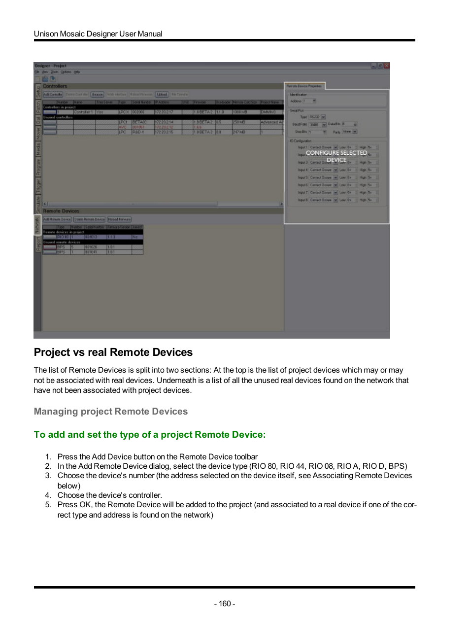 Project vs real remote devices, Managing project remote devices, To add and set the type of a project remote device | ETC Unison Mosaic Designer v1.11.0 User Manual | Page 160 / 252