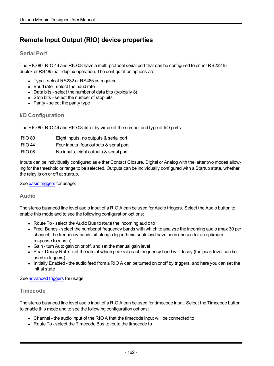 Remote input output (rio) device properties, Serial port, I/o configuration | Audio, Timecode | ETC Unison Mosaic Designer v1.11.0 User Manual | Page 162 / 252