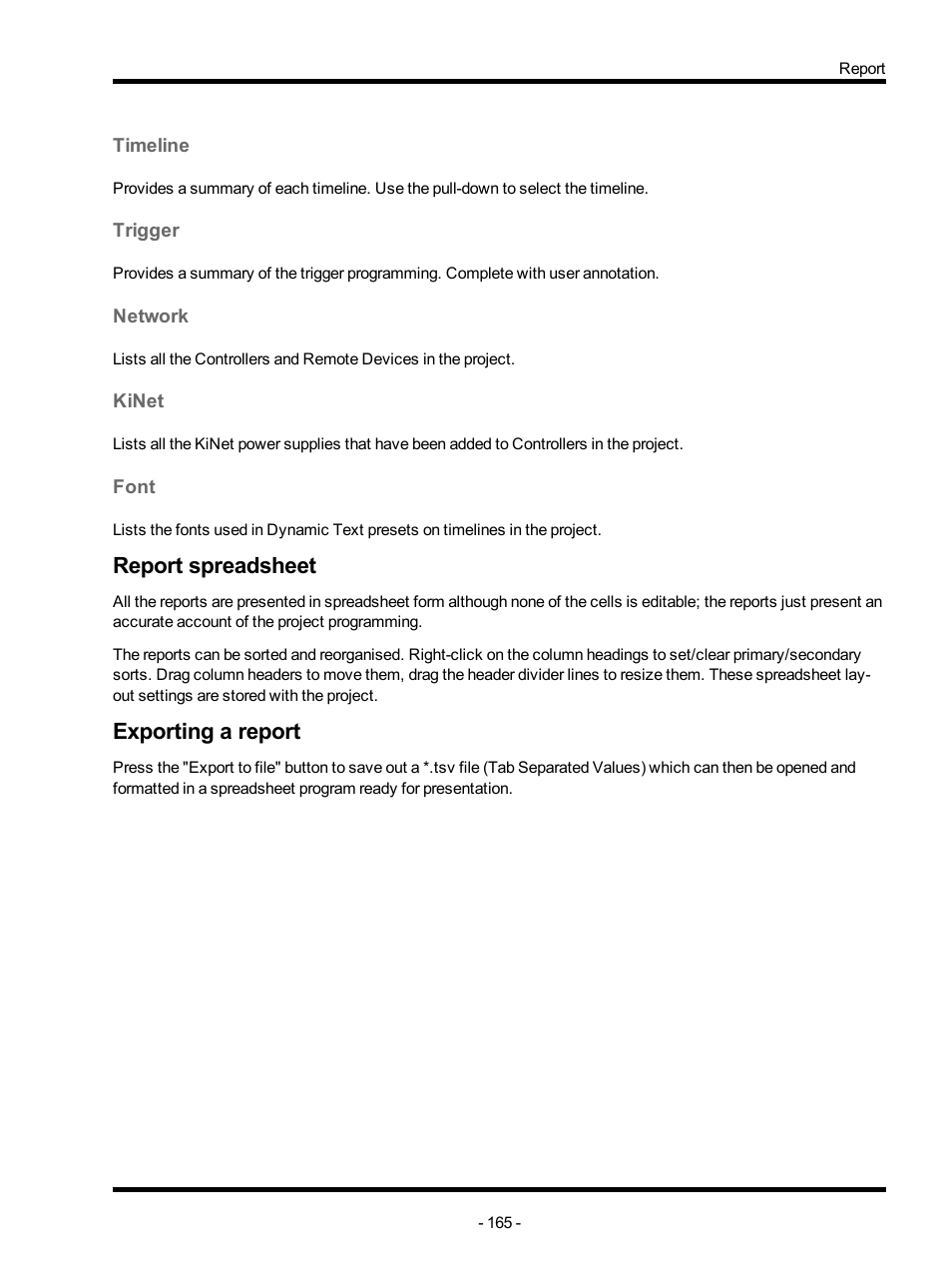 Timeline, Trigger, Network | Kinet, Font, Report spreadsheet, Exporting a report | ETC Unison Mosaic Designer v1.11.0 User Manual | Page 165 / 252