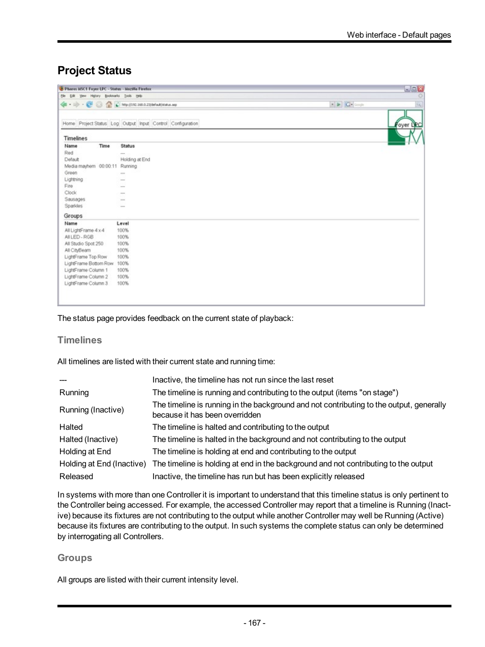 Project status, Timelines, Groups | ETC Unison Mosaic Designer v1.11.0 User Manual | Page 167 / 252
