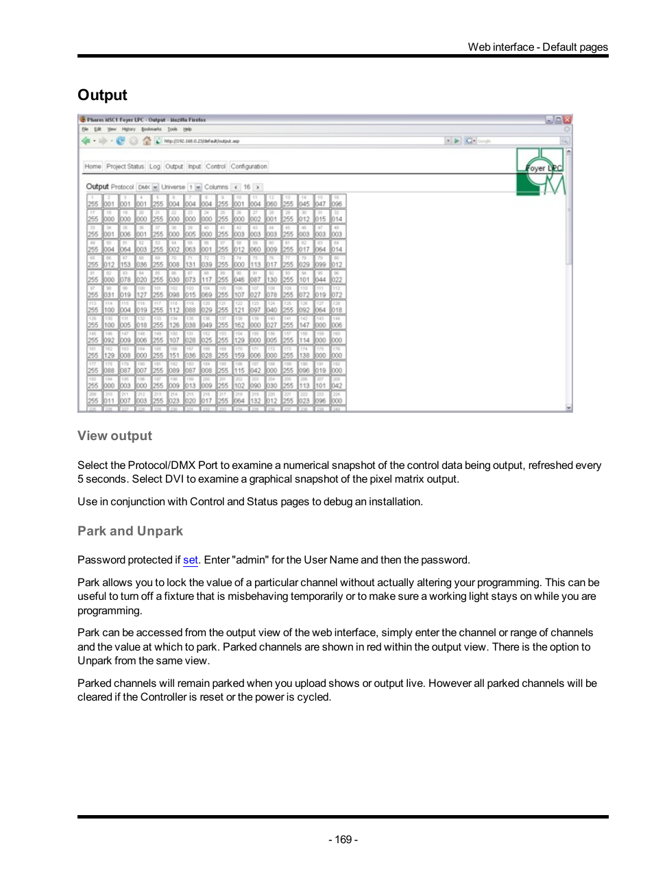 Output, View output, Park and unpark | ETC Unison Mosaic Designer v1.11.0 User Manual | Page 169 / 252