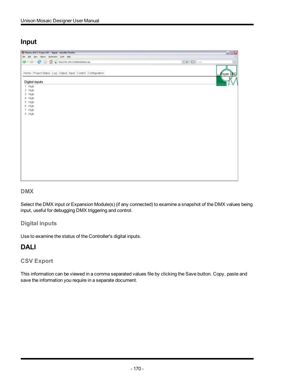 Input, Digital inputs, Dali | Csv export | ETC Unison Mosaic Designer v1.11.0 User Manual | Page 170 / 252