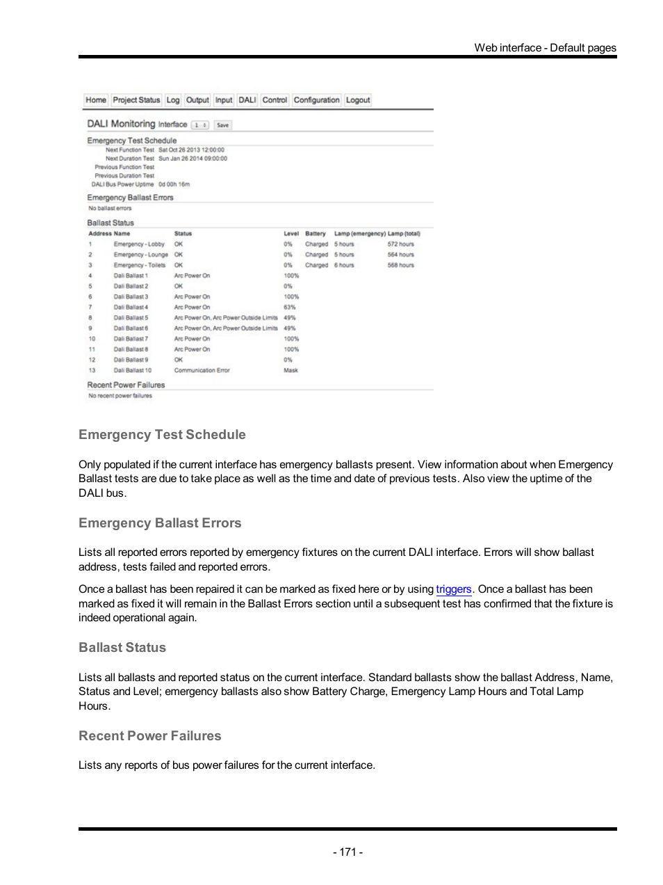 Emergency test schedule, Emergency ballast errors, Ballast status | Recent power failures | ETC Unison Mosaic Designer v1.11.0 User Manual | Page 171 / 252