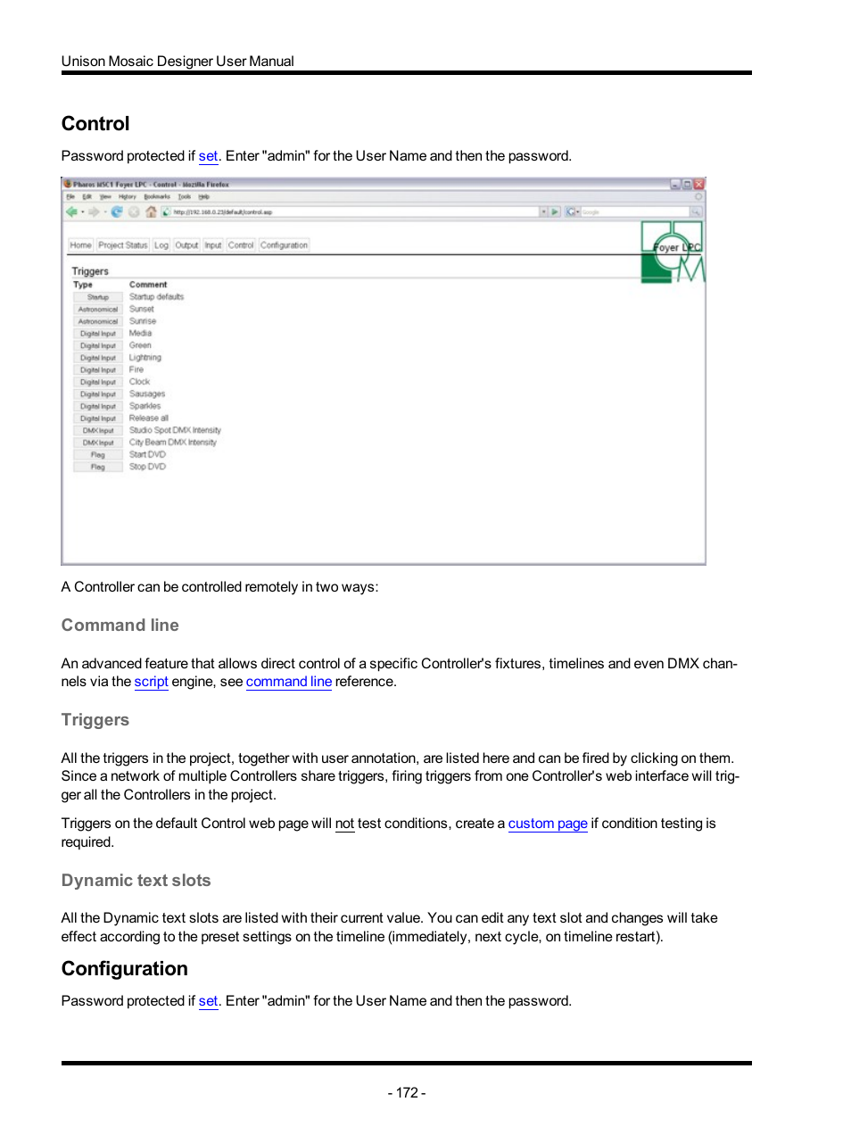 Control, Command line, Triggers | Dynamic text slots, Configuration | ETC Unison Mosaic Designer v1.11.0 User Manual | Page 172 / 252