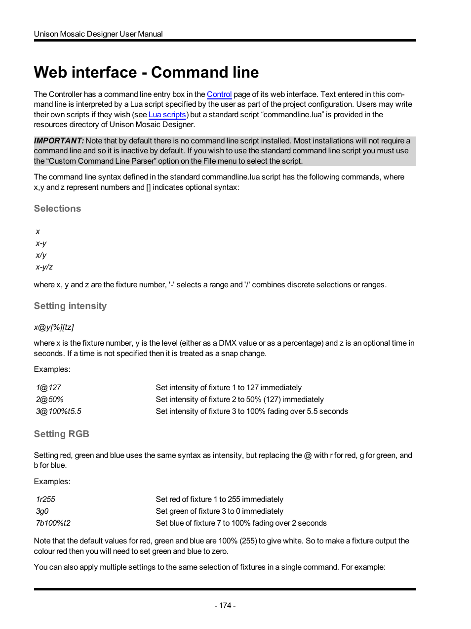 Web interface - command line, Selections, Setting intensity | Setting rgb, Command line | ETC Unison Mosaic Designer v1.11.0 User Manual | Page 174 / 252