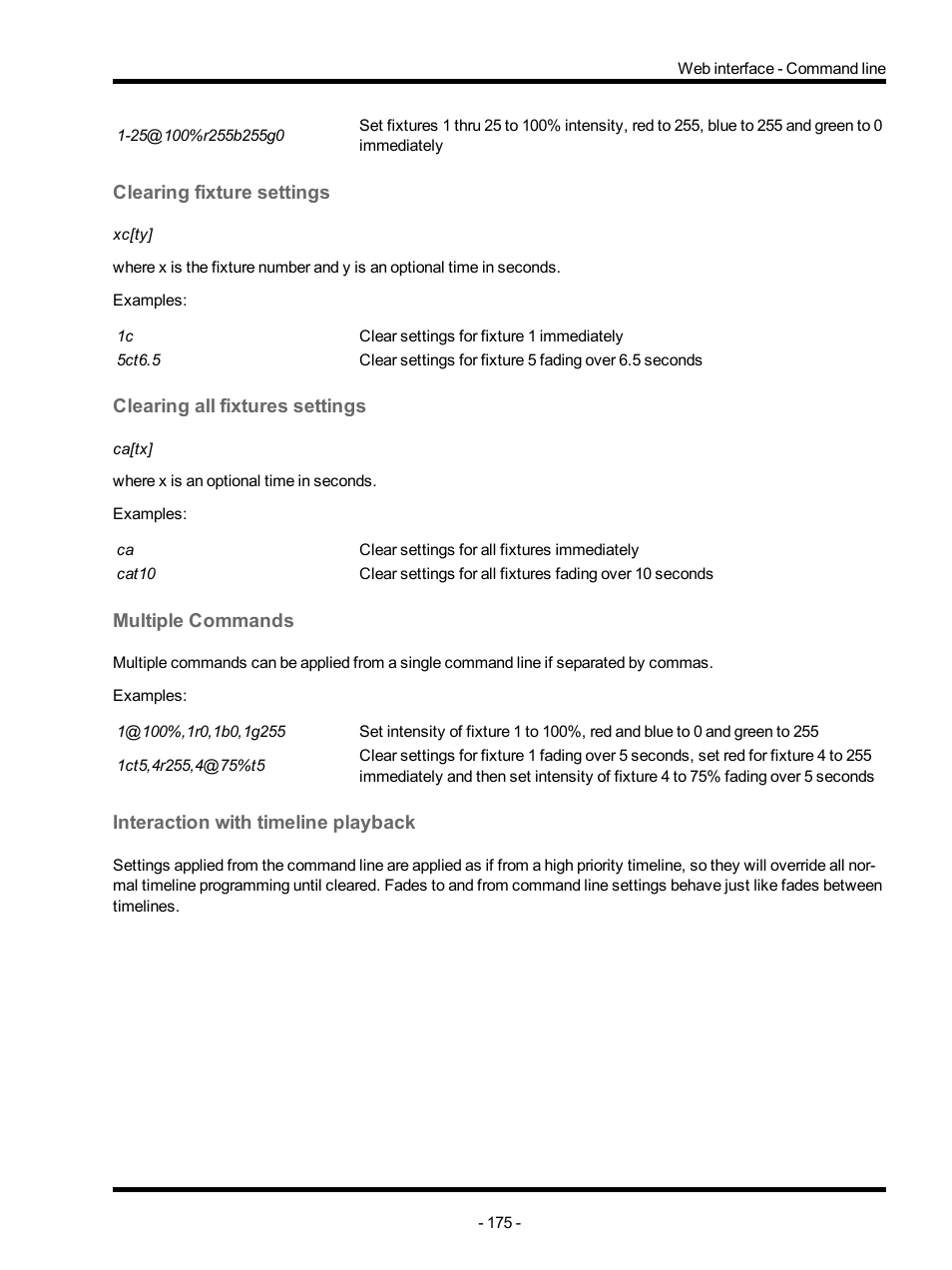 Clearing fixture settings, Clearing all fixtures settings, Multiple commands | Interaction with timeline playback | ETC Unison Mosaic Designer v1.11.0 User Manual | Page 175 / 252