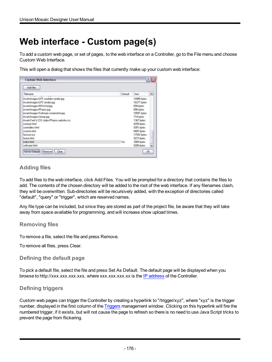 Adding files, Removing files, Defining triggers | Web interface, Custom, Web interface - custom page(s) | ETC Unison Mosaic Designer v1.11.0 User Manual | Page 176 / 252