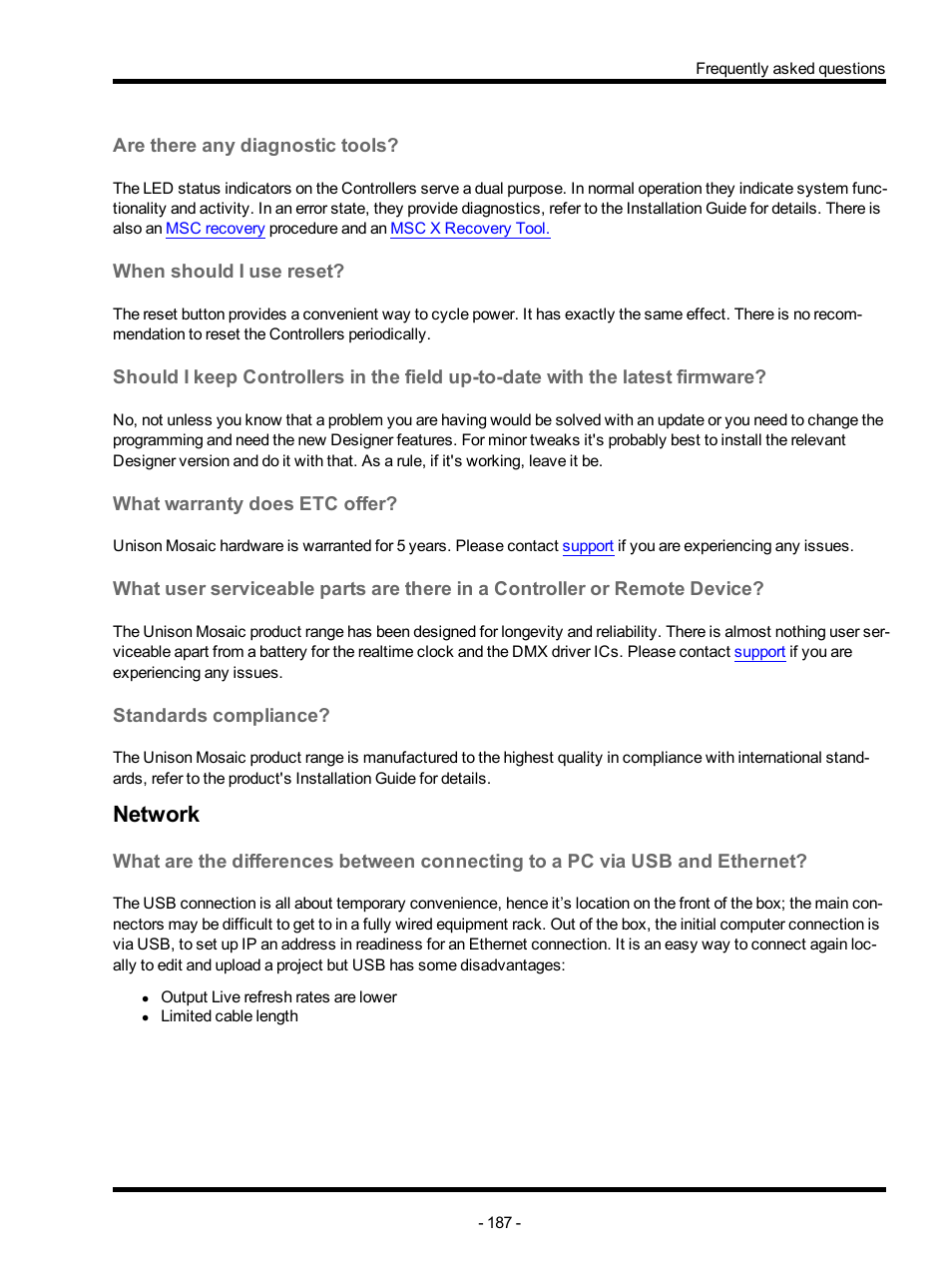 Are there any diagnostic tools, When should i use reset, What warranty does etc offer | Standards compliance, Network | ETC Unison Mosaic Designer v1.11.0 User Manual | Page 187 / 252