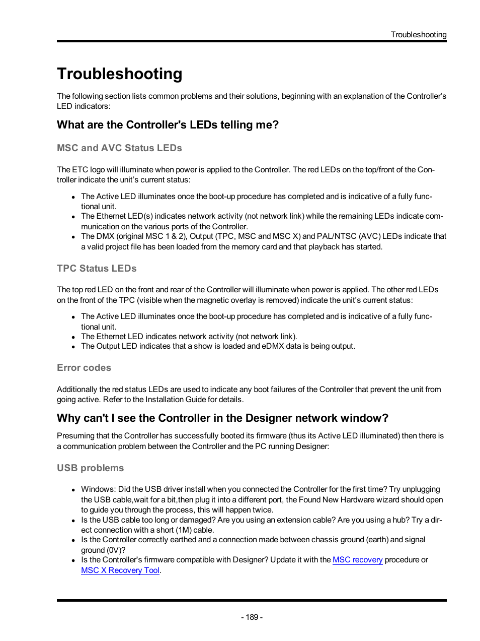 Troubleshooting, What are the controller's leds telling me, Msc and avc status leds | Tpc status leds, Error codes, Usb problems | ETC Unison Mosaic Designer v1.11.0 User Manual | Page 189 / 252