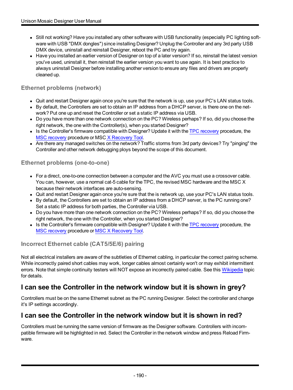 Ethernet problems (network), Ethernet problems (one-to-one), Incorrect ethernet cable (cat5/5e/6) pairing | ETC Unison Mosaic Designer v1.11.0 User Manual | Page 190 / 252