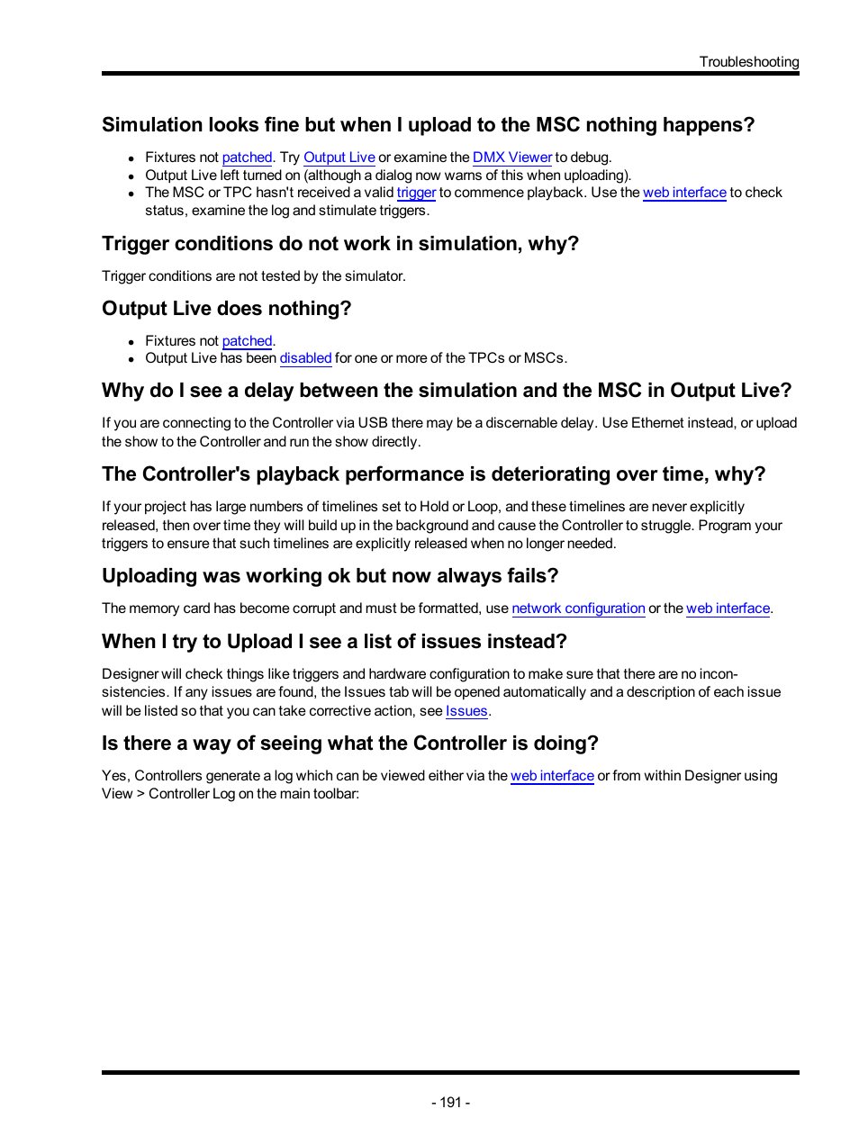 Trigger conditions do not work in simulation, why, Output live does nothing, Uploading was working ok but now always fails | ETC Unison Mosaic Designer v1.11.0 User Manual | Page 191 / 252