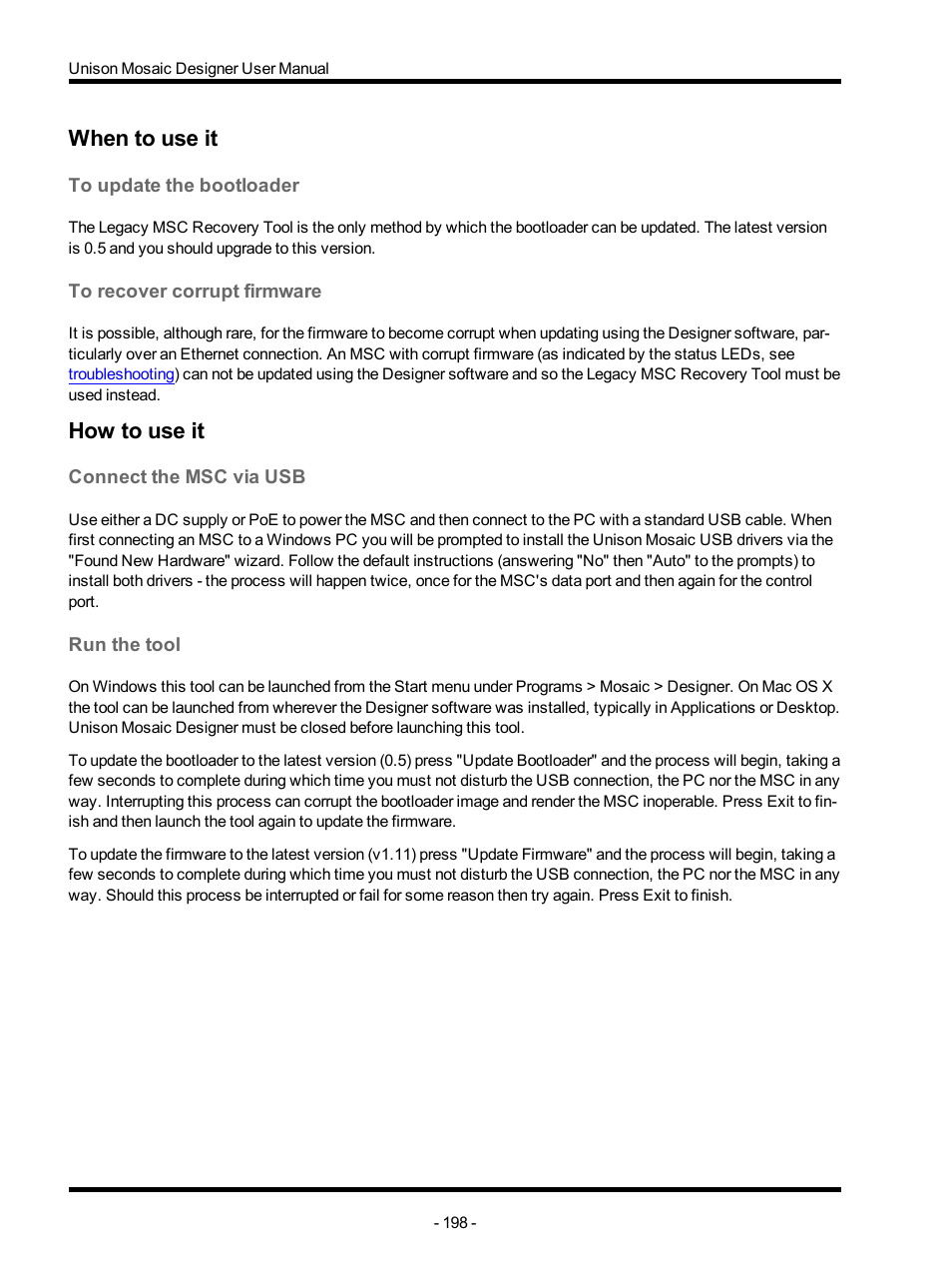 When to use it, To update the bootloader, To recover corrupt firmware | How to use it, Connect the msc via usb, Run the tool | ETC Unison Mosaic Designer v1.11.0 User Manual | Page 198 / 252