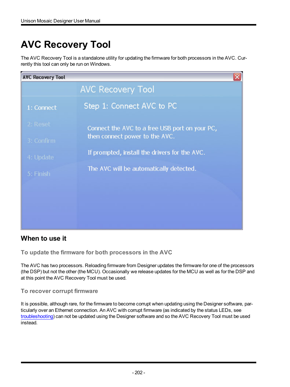 Avc recovery tool, When to use it, To recover corrupt firmware | ETC Unison Mosaic Designer v1.11.0 User Manual | Page 202 / 252