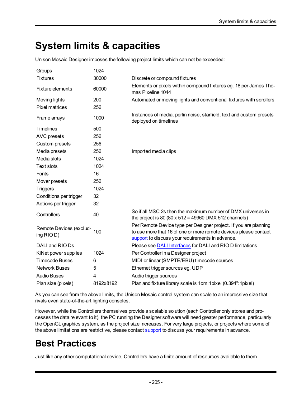 System limits & capacities, Best practices | ETC Unison Mosaic Designer v1.11.0 User Manual | Page 205 / 252