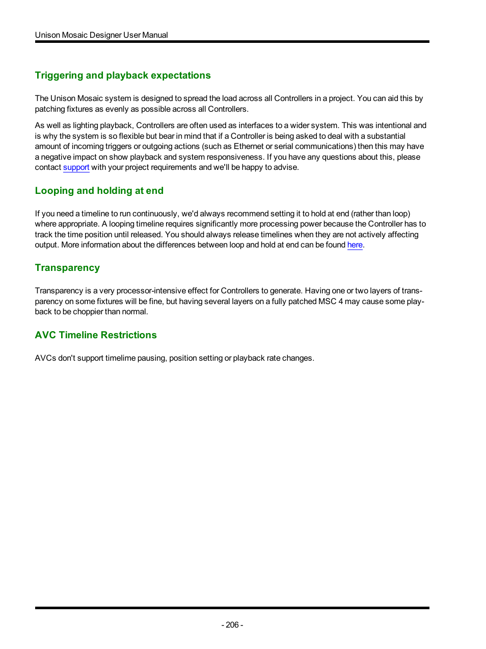 Triggering and playback expectations, Looping and holding at end, Transparency | Avc timeline restrictions | ETC Unison Mosaic Designer v1.11.0 User Manual | Page 206 / 252