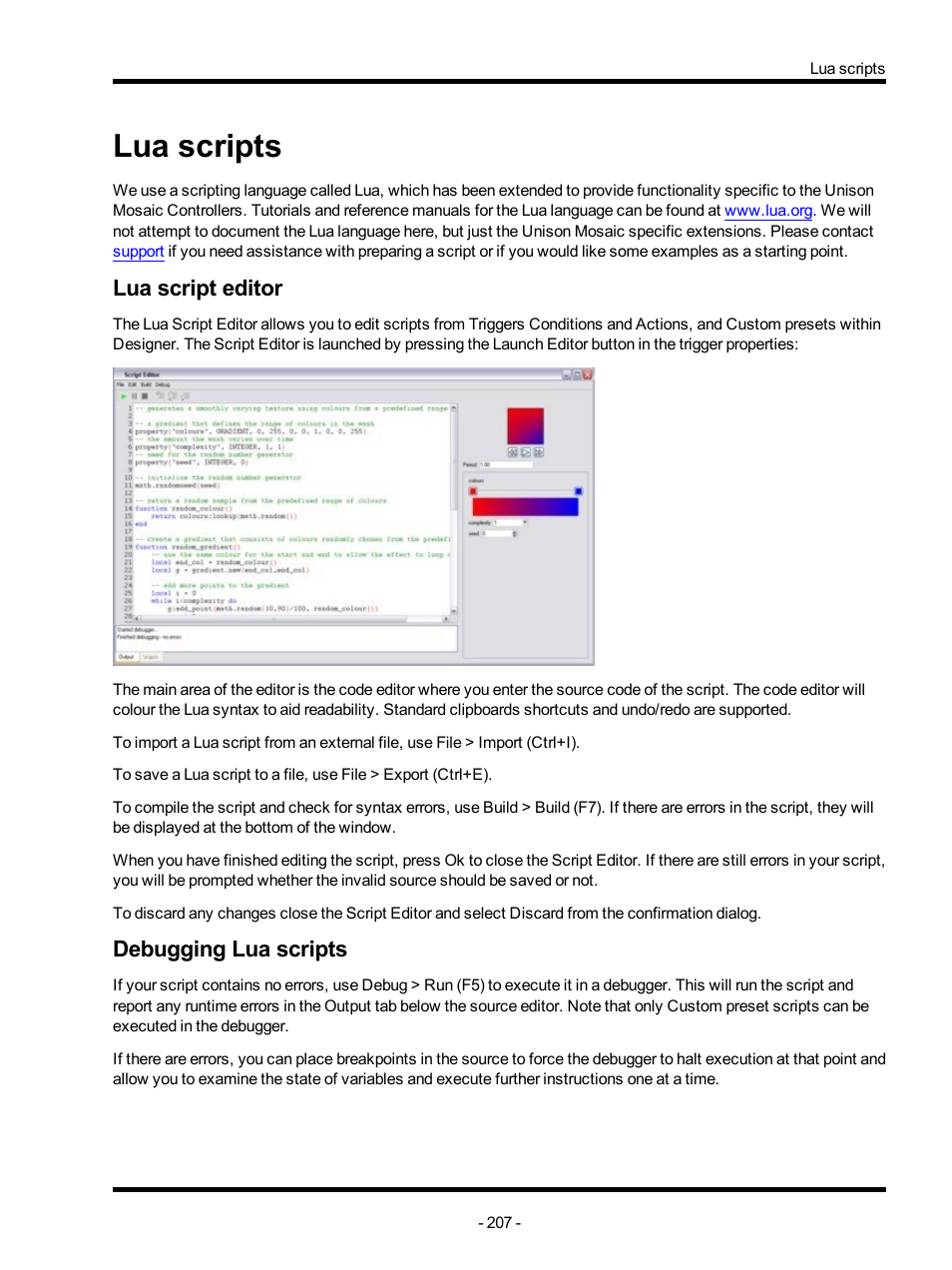 Lua scripts, Lua script editor, Debugging lua scripts | Lua script, Script | ETC Unison Mosaic Designer v1.11.0 User Manual | Page 207 / 252