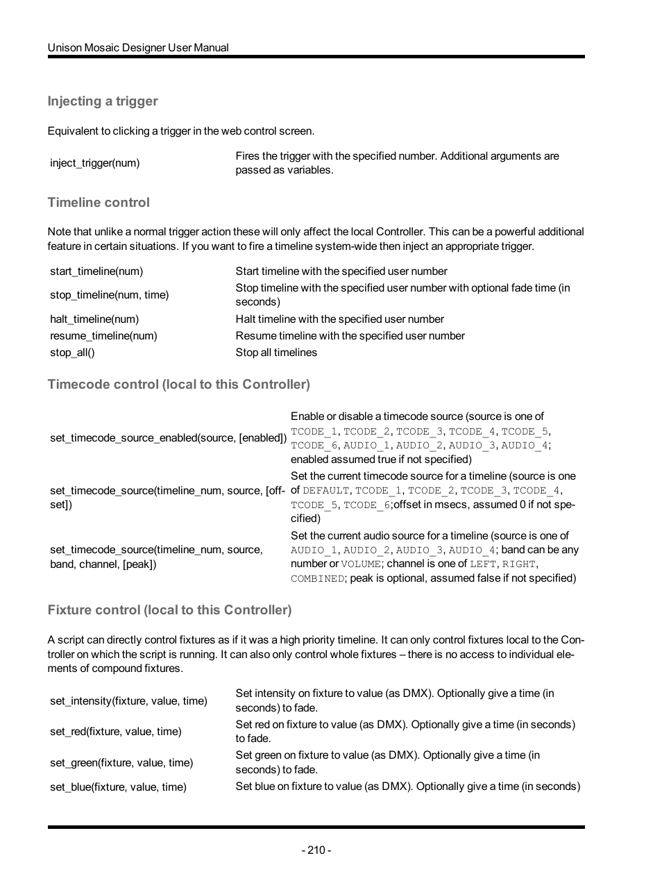 Injecting a trigger, Timeline control, Timecode control (local to this controller) | Fixture control (local to this controller) | ETC Unison Mosaic Designer v1.11.0 User Manual | Page 210 / 252