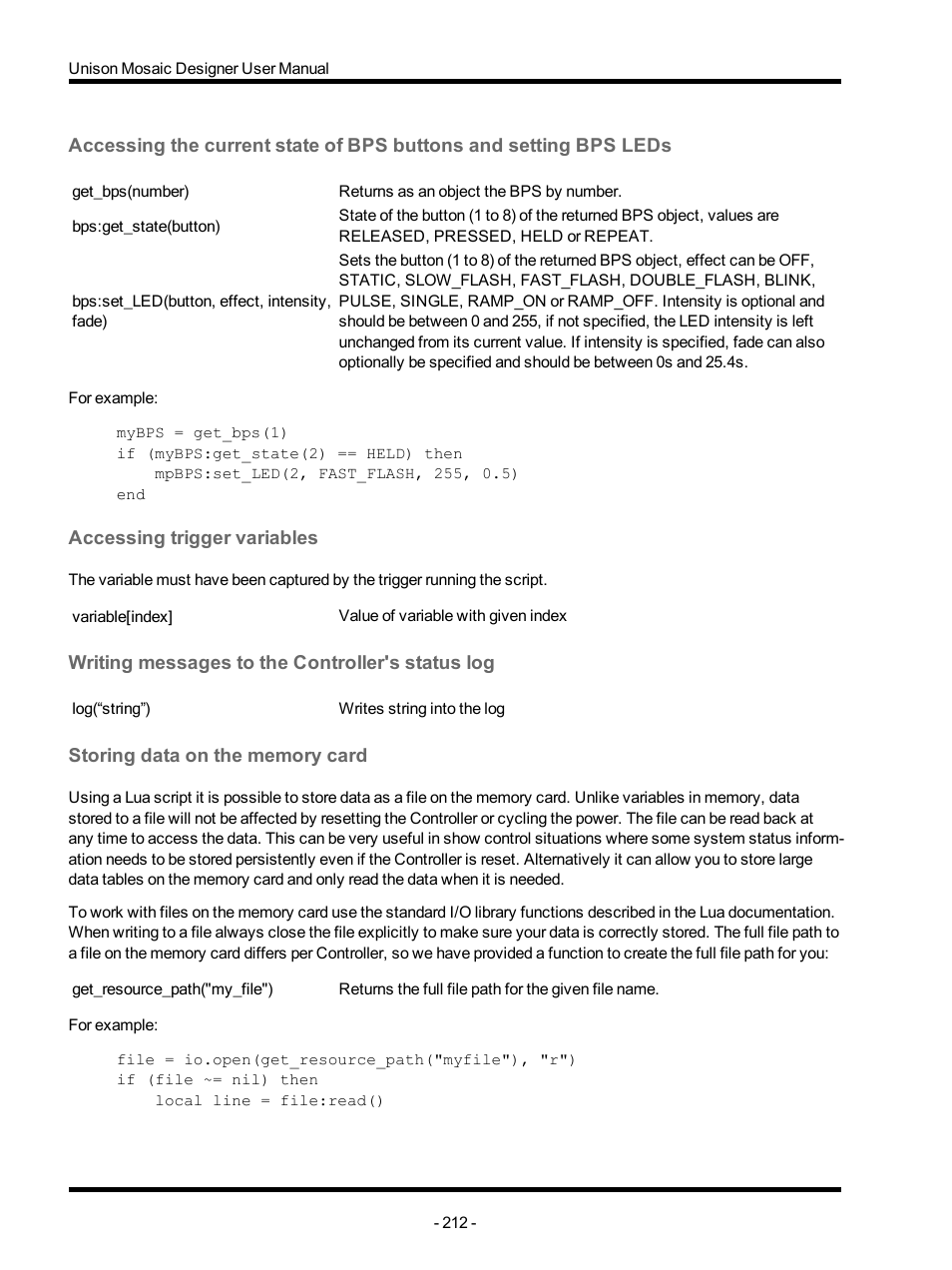 Accessing trigger variables, Writing messages to the controller's status log, Storing data on the memory card | ETC Unison Mosaic Designer v1.11.0 User Manual | Page 212 / 252