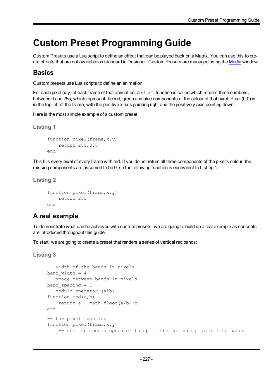 Custom preset programming guide, Basics, Listing 1 | Listing 2, A real example, Listing 3 | ETC Unison Mosaic Designer v1.11.0 User Manual | Page 227 / 252
