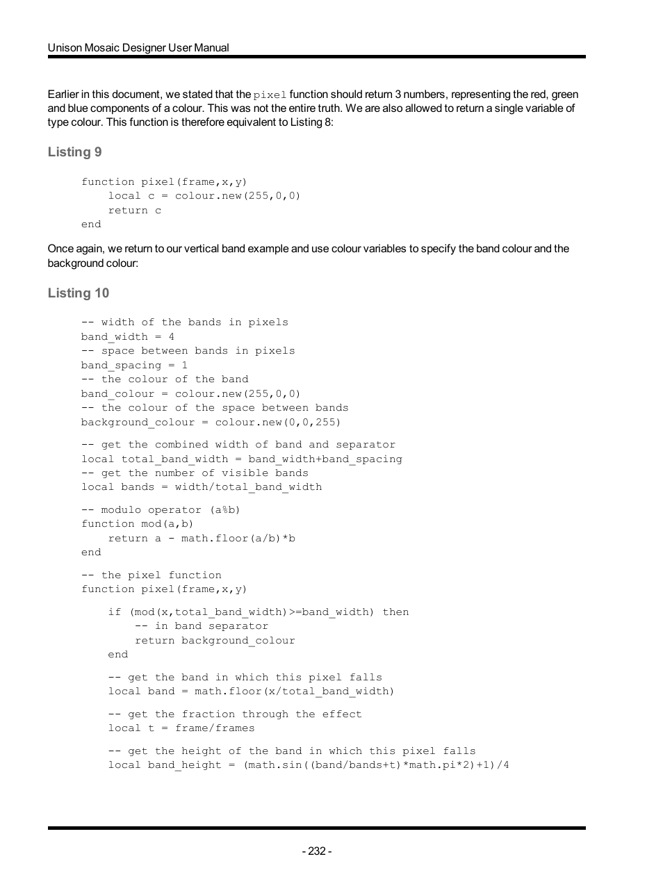 Listing 9, Listing 10 | ETC Unison Mosaic Designer v1.11.0 User Manual | Page 232 / 252