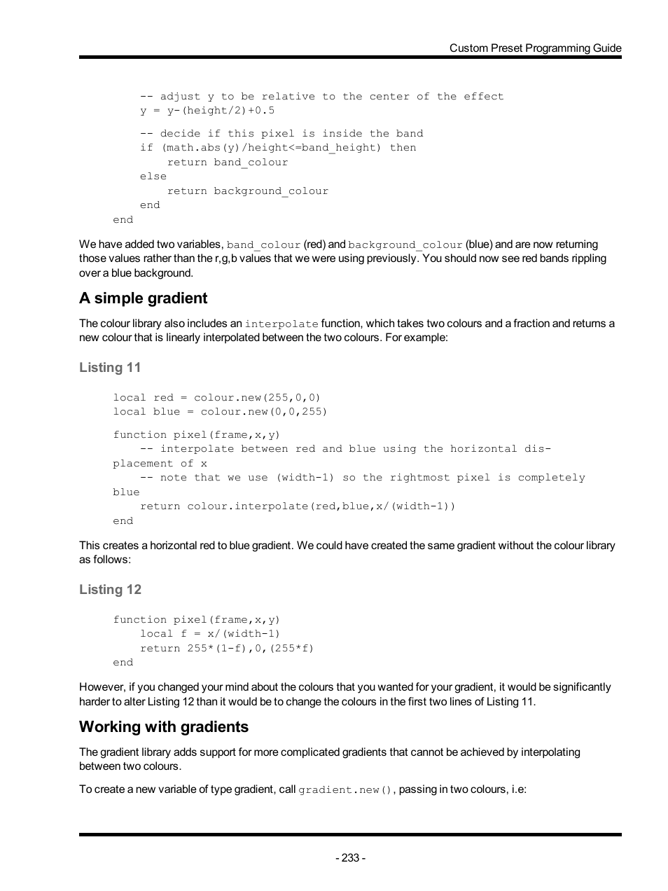 A simple gradient, Listing 11, Listing 12 | Working with gradients | ETC Unison Mosaic Designer v1.11.0 User Manual | Page 233 / 252