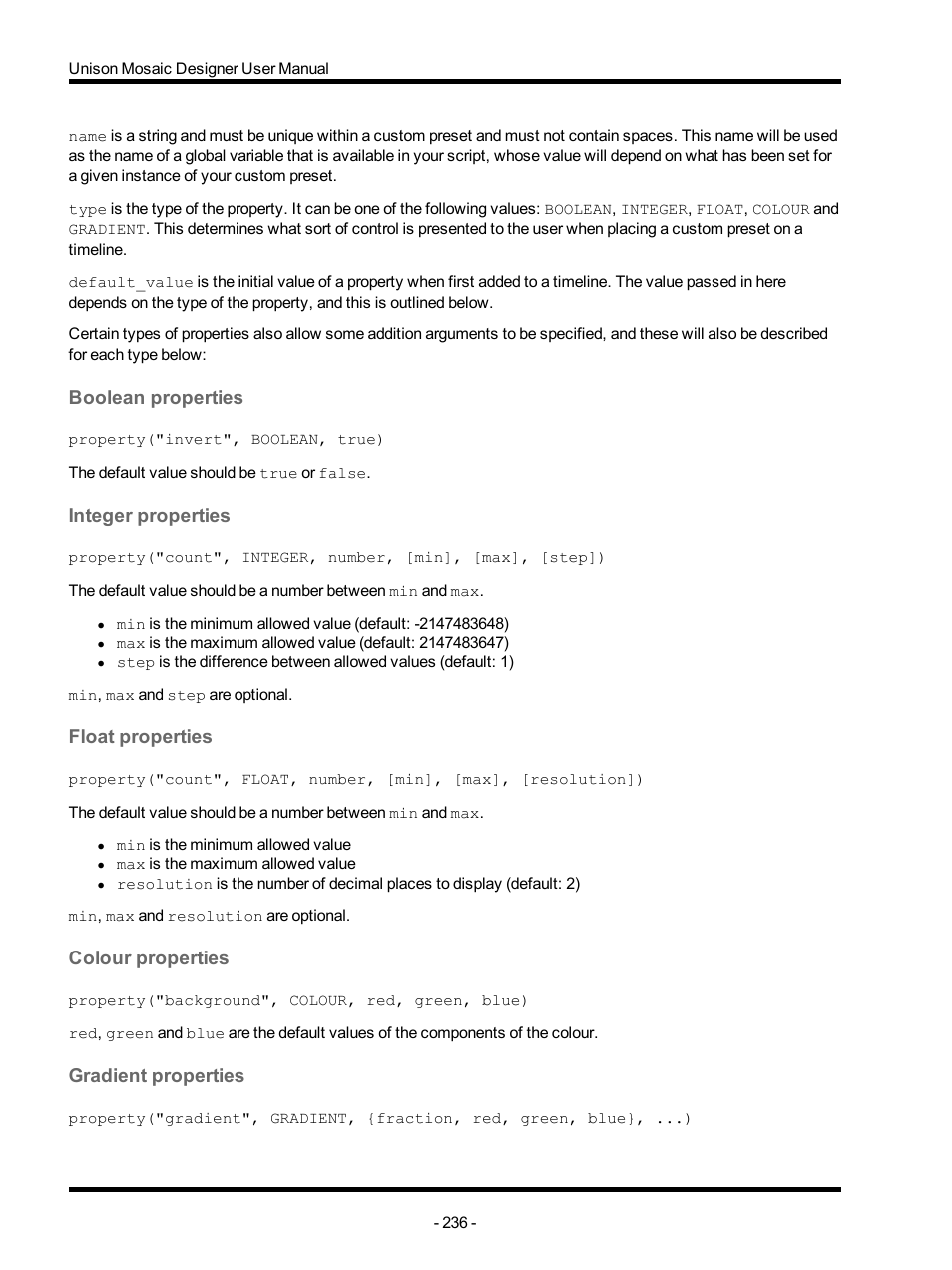 Boolean properties, Integer properties, Float properties | Colour properties, Gradient properties | ETC Unison Mosaic Designer v1.11.0 User Manual | Page 236 / 252