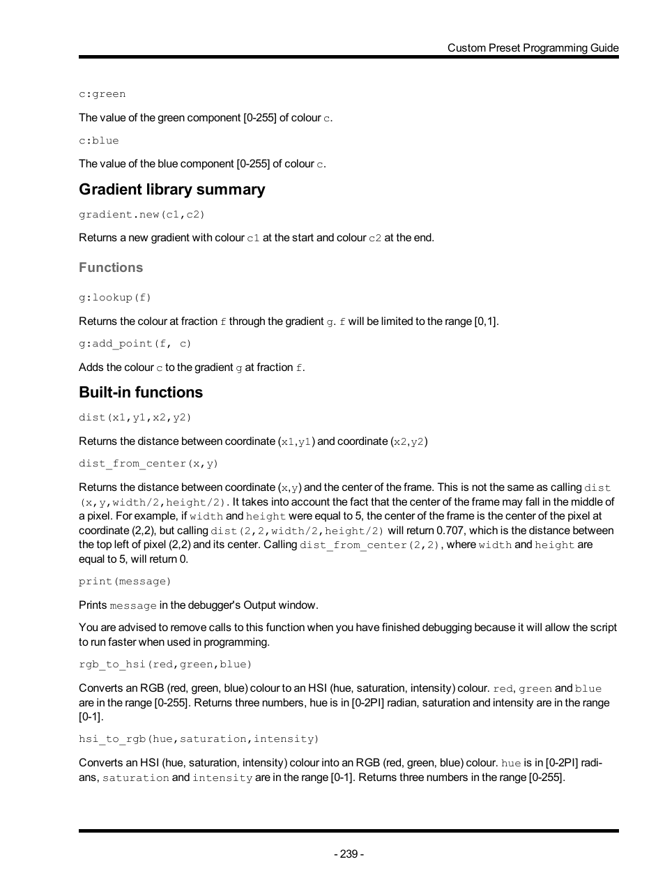 Gradient library summary, Functions, Built-in functions | ETC Unison Mosaic Designer v1.11.0 User Manual | Page 239 / 252